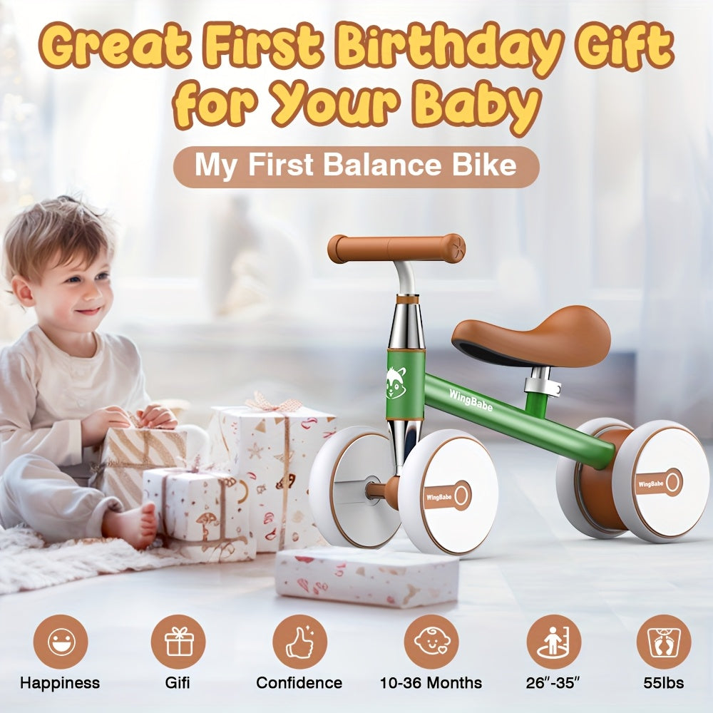 Baby Balance Bike for Toddlers 10-36 Months, 4 Wheel First Bike for Boys Girls with Adjustable Seat Silent TPE Tires 90° Safety Steering, Indoor Outdoor Ride-On Toy, 1st Birthday Christmas Gift