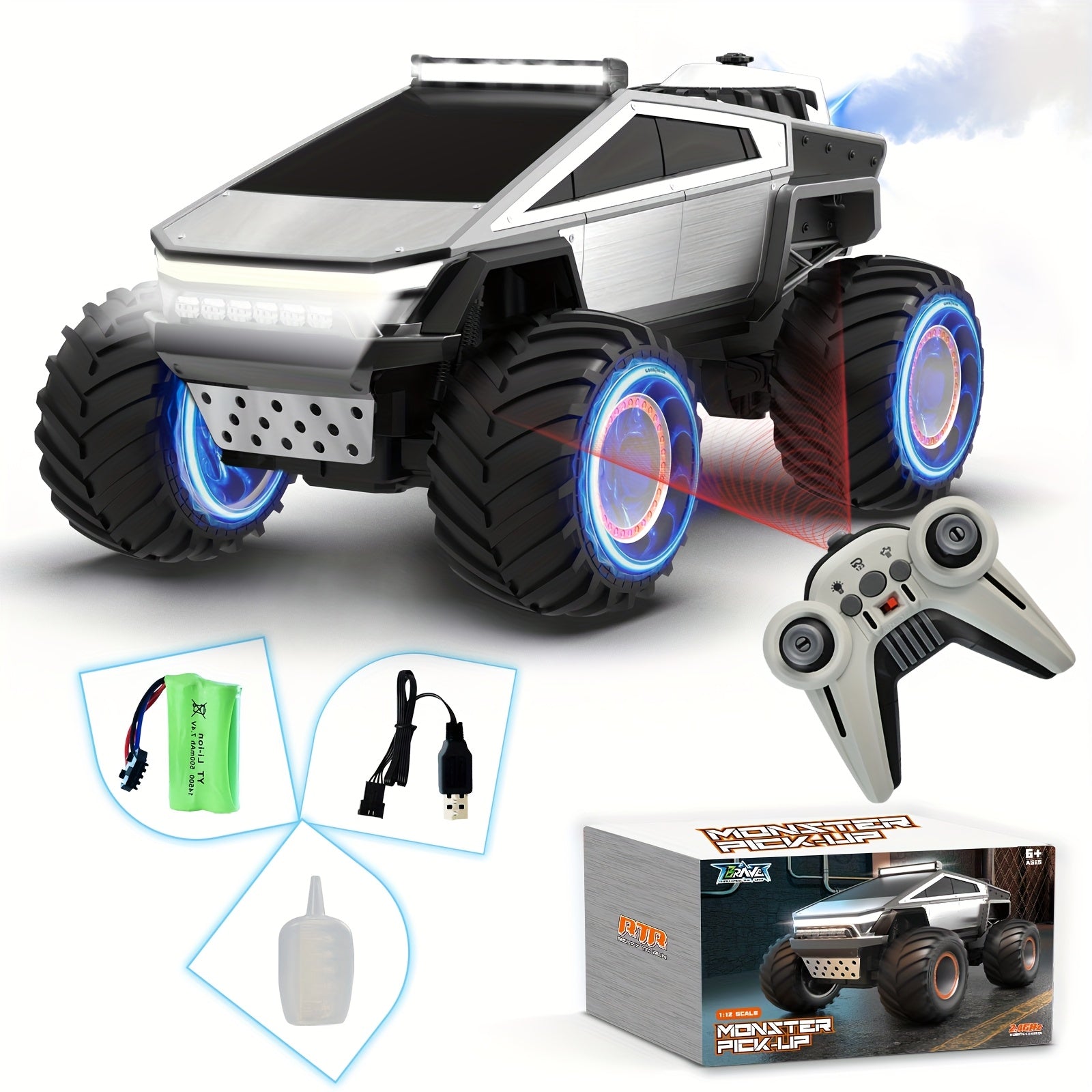 1:12 RC Monster Truck 4WD All-Terrain 2.4GHz Remote Control Car LED Lights Sound Music Ergonomic Grip Cybertruck Pickup Style Off-Road Kids Boys Birthday Christmas Gift