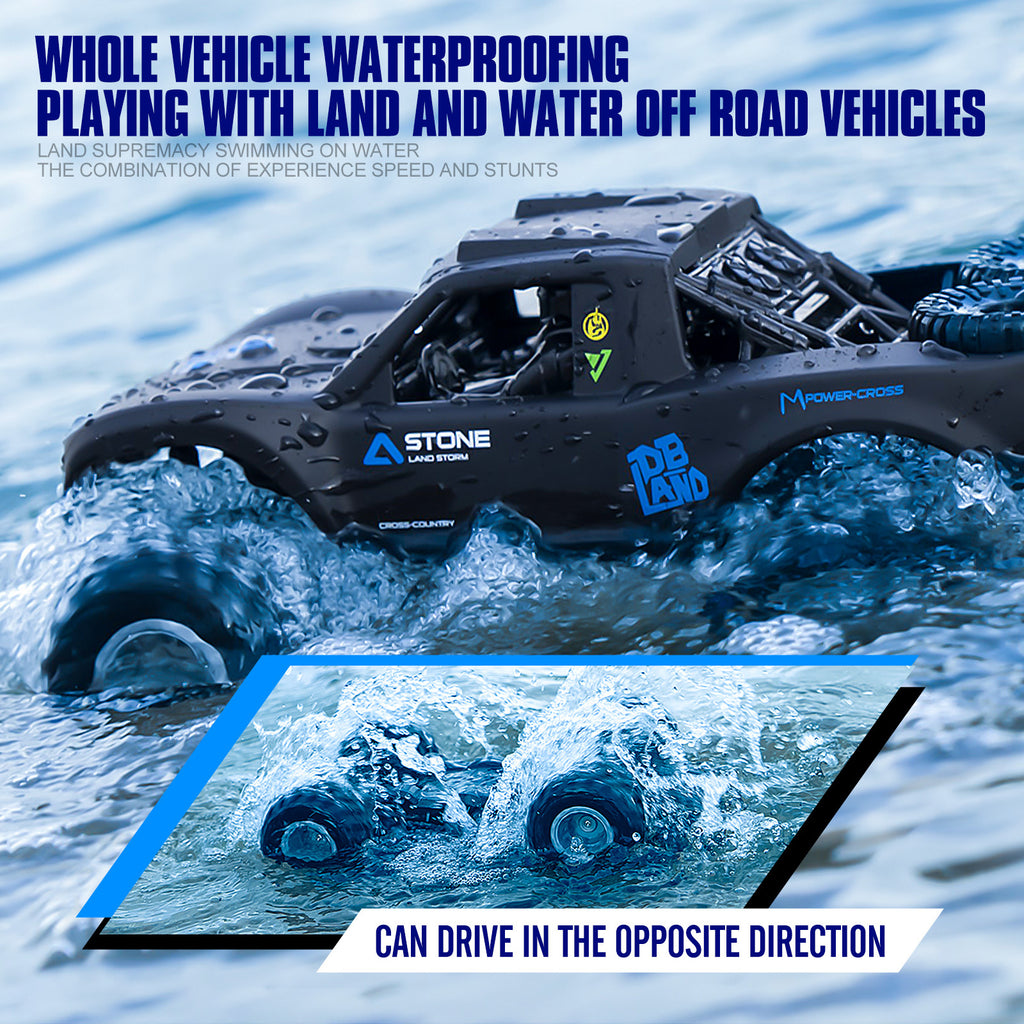 Amphibious RC Monster Truck 1:16 Scale 4WD Waterproof - 2 Rechargeable Batteries, All Terrain Off-Road RC Car for Kids Boys Ages 4-7, Birthday Gift