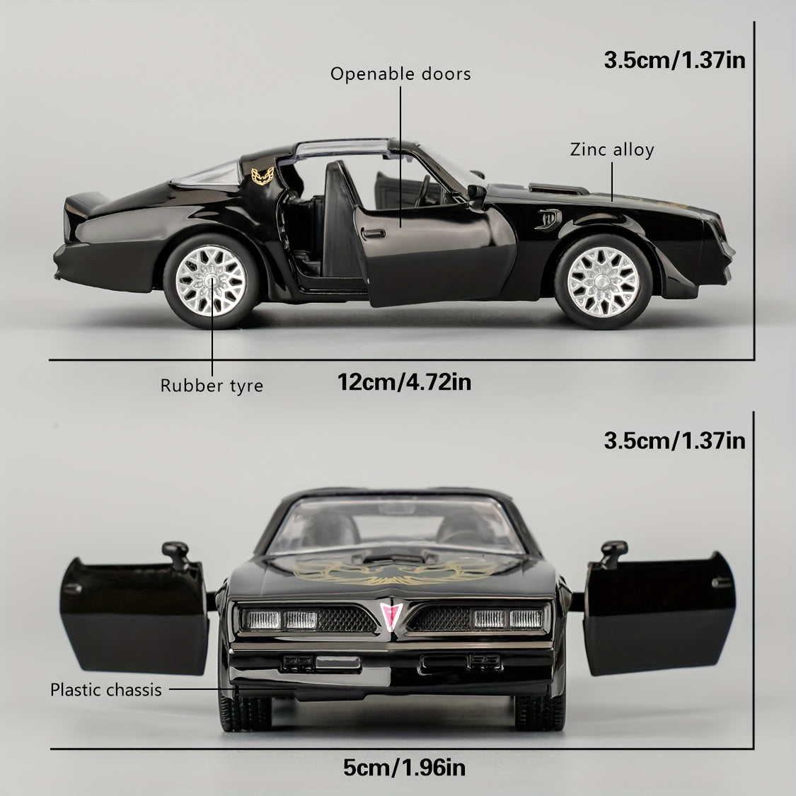 Pontiac Firebird Die Cast Toy Car 1:36 Scale RMZ – Zinc Alloy Openable Doors Pull-Back Muscle Car Model with Display Base, Collectible Gift for Boys Ages 3+
