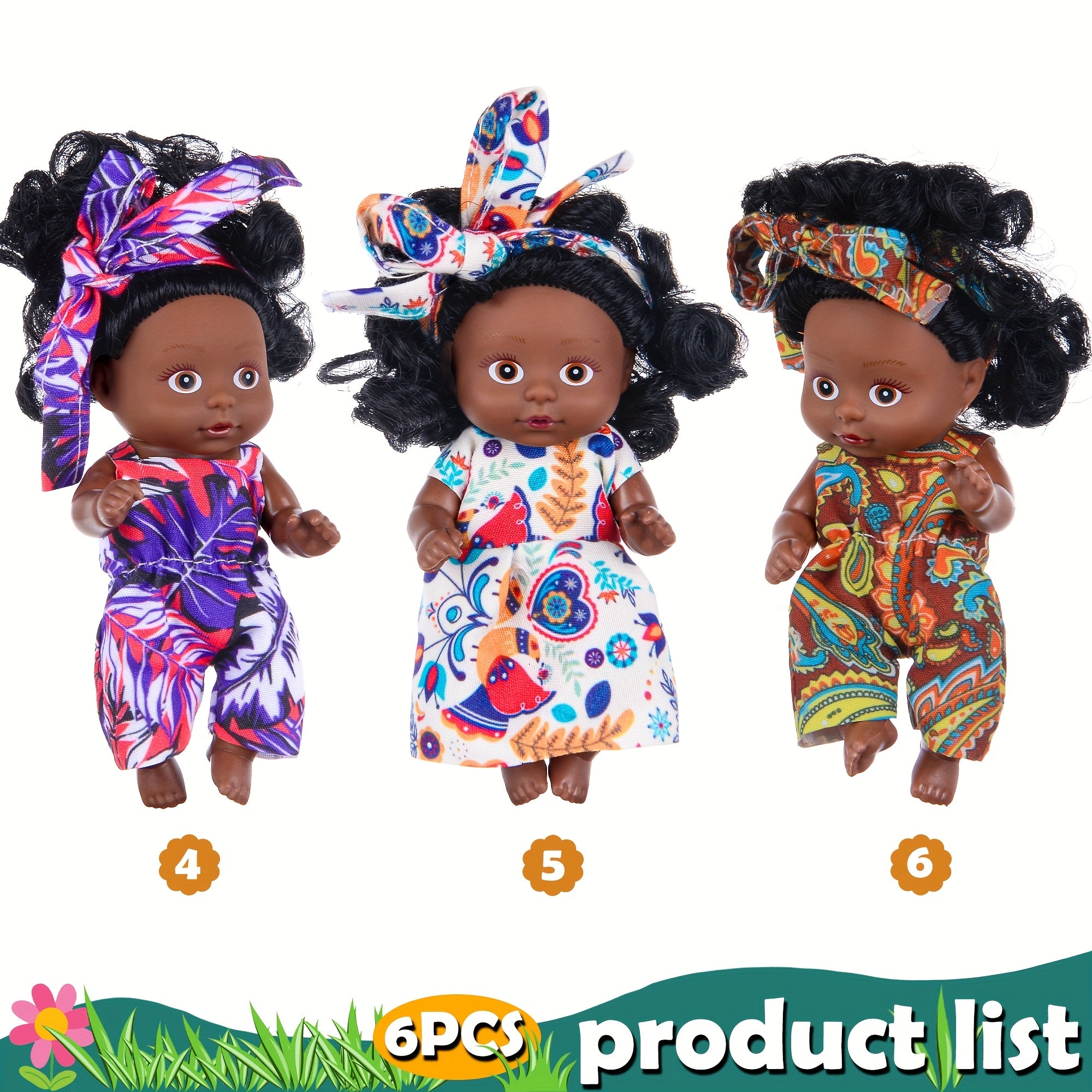 Black Baby Dolls 6 Pack Mini 4.5 Inch Curly Hair Flower Pajamas Poseable Head Hands Feet Gift Box Set Kids Birthday Christmas Holiday Gift Ages 3+