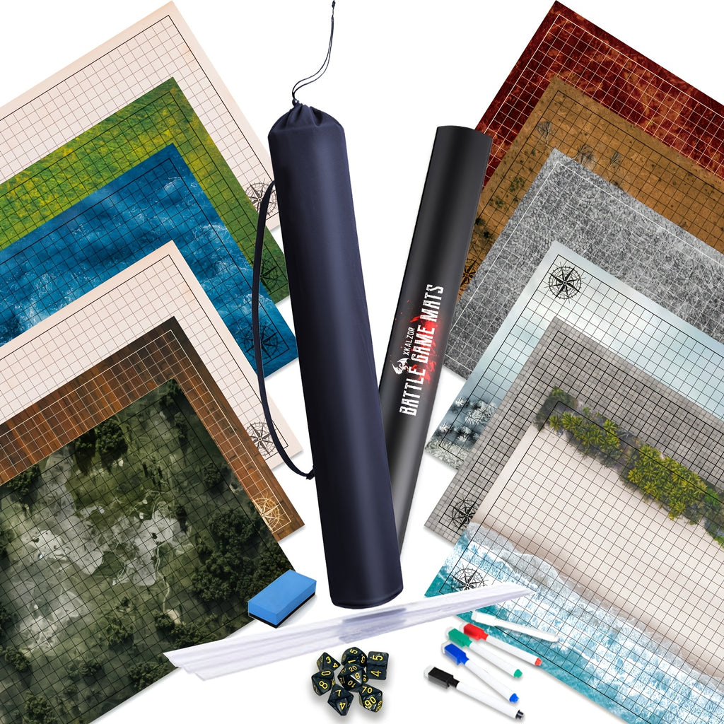 DnD Battle Map 3-Pack 24x36" Dry Erase Mats – 6 Double-Sided Terrain Grids with Lay-Flat Clips, Shoulder Bag & Dice Accessories for D&D 5e Pathfinder TRPG
