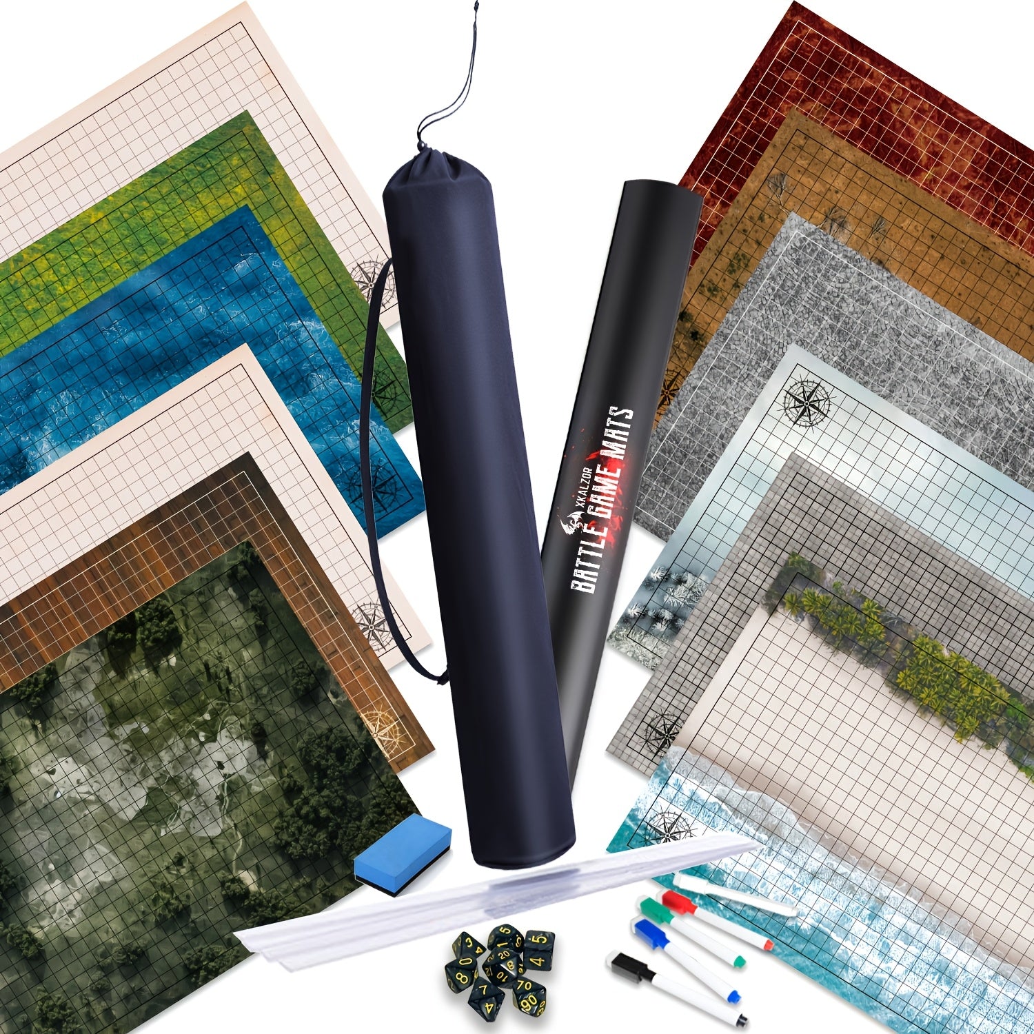 DnD Battle Map 3-Pack 24x36" Dry Erase Mats – 6 Double-Sided Terrain Grids with Lay-Flat Clips, Shoulder Bag & Dice Accessories for D&D 5e Pathfinder TRPG