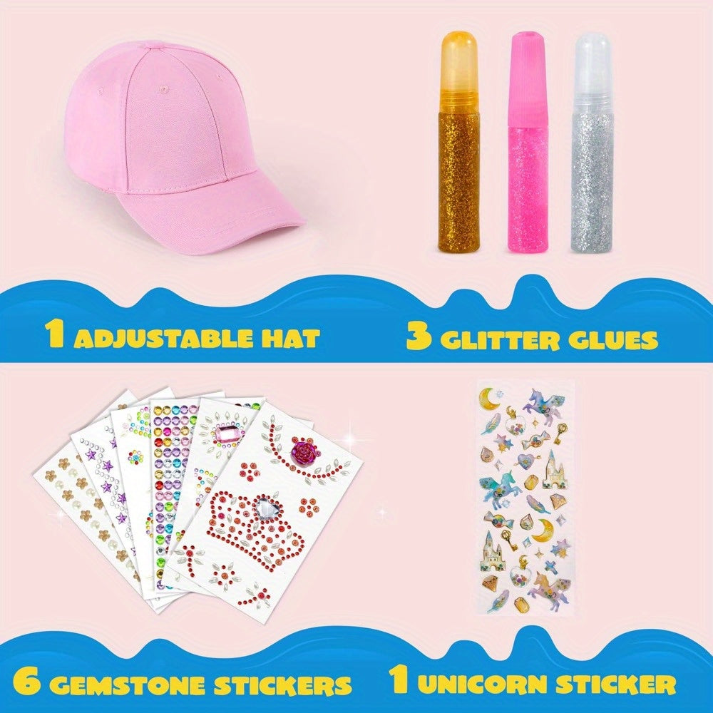 Decorate Your Own Pink Baseball Cap Kit with 7 Sheets Gem Stickers & Glitter Glue DIY Art Craft Toy Creative Gift for Girls Ages 6+