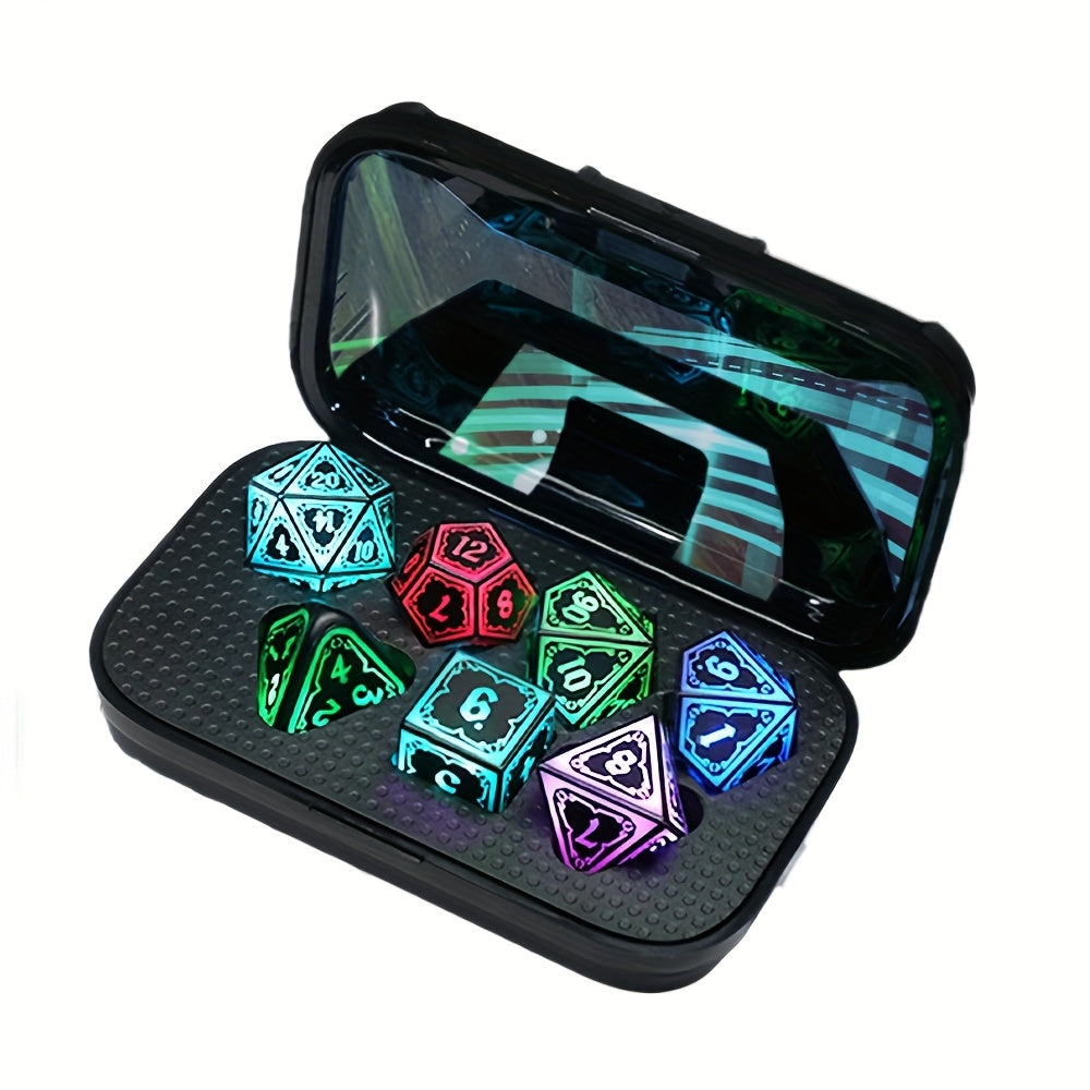 LED DND Dice Set with Wireless Rechargeable Charging Case 7 Polyhedral Glowing Dice – D4 D6 D8 D10 D12 D20 D100 for RPG Tabletop Games, Clear Numbers, 6Hr Battery, Christmas Halloween Gift