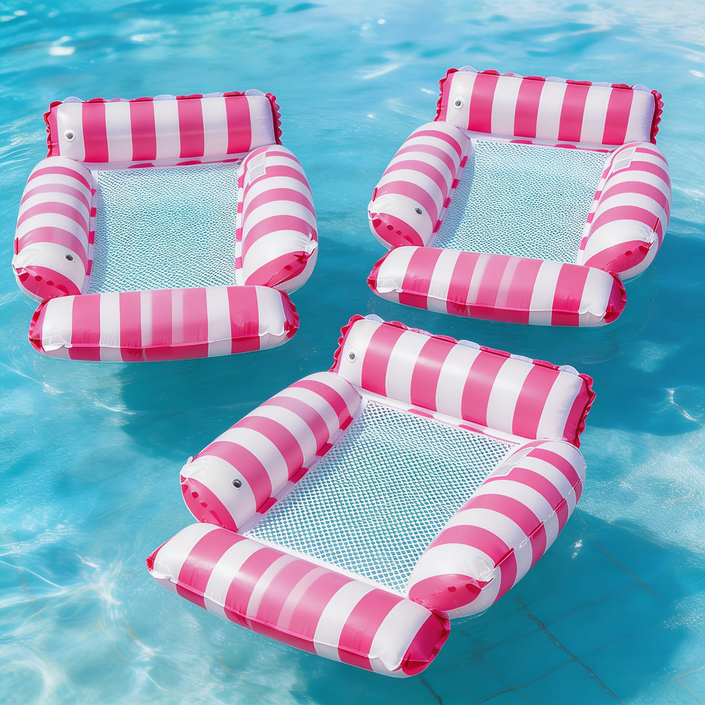 Inflatable Pool Float Bed with Cooling Mesh for Adults – Striped Foldable Floating Lounger Chair 43in, Beach Vacation Essential, 2 or 3 Pack