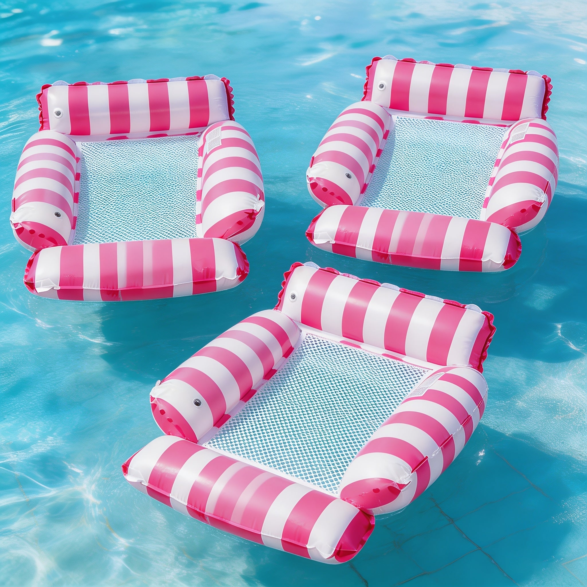 Inflatable Pool Float Bed with Cooling Mesh for Adults – Striped Foldable Floating Lounger Chair 43in, Beach Vacation Essential, 2 or 3 Pack