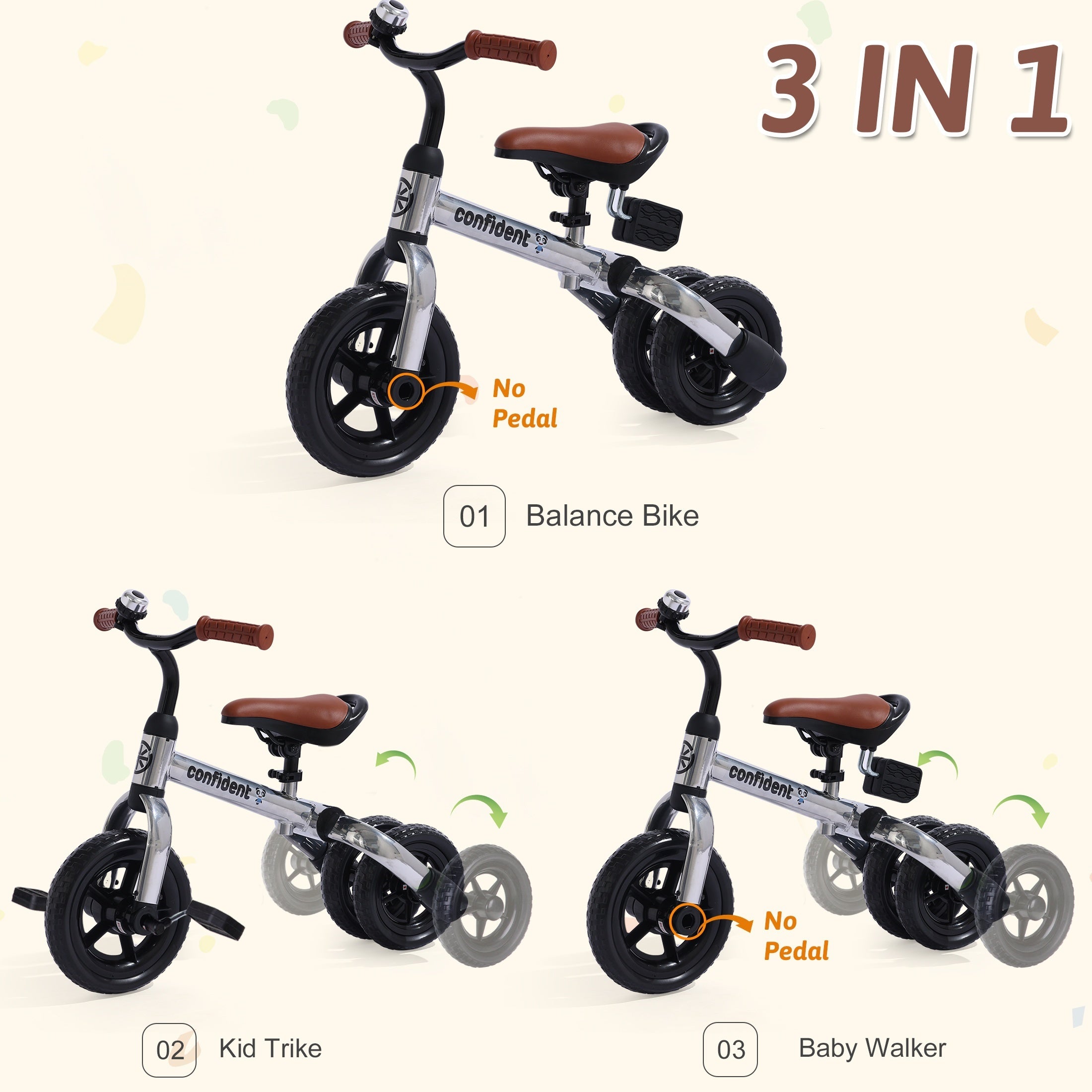 3-in-1 Foldable Toddler Tricycle for Boys Girls Ages 2+, 4-Mode Balance Bike with Detachable Pedals Training Wheels Carbon Steel Frame Puncture-Proof EVA Tires, Indoor Outdoor Ride-On, Birthday Christmas Gift