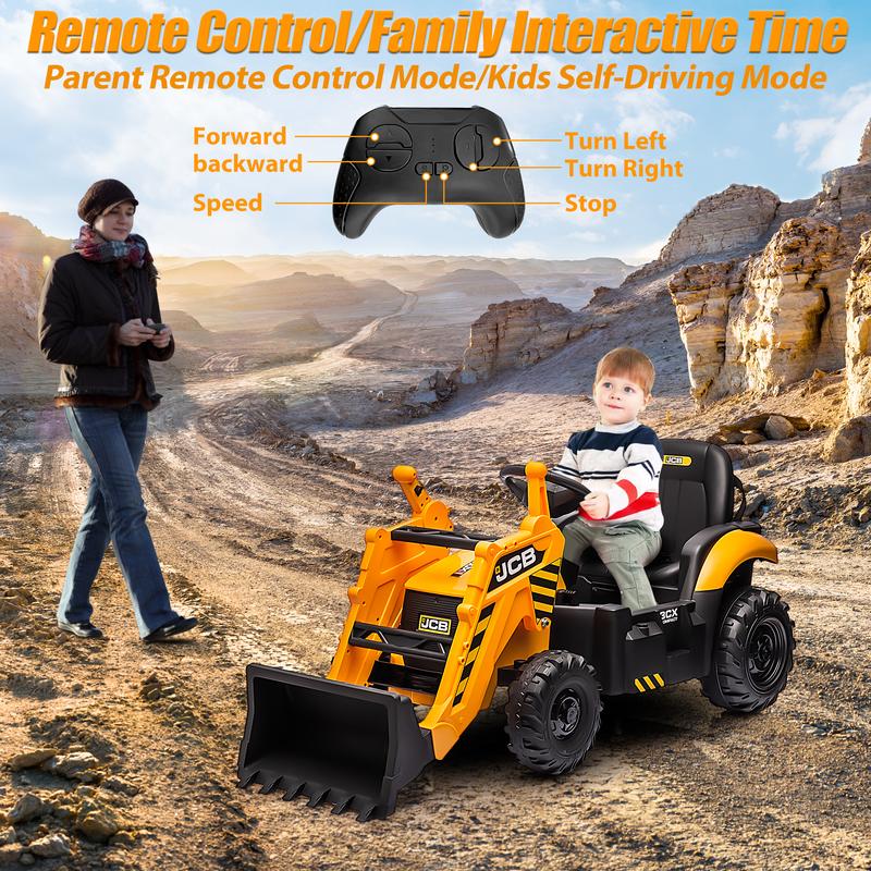 Ride-On Backhoe Digger for Kids Ages 3–6, Segmart 12V JCB Electric Tractor with Parent Remote, Front Loader and Rear Digging Arm