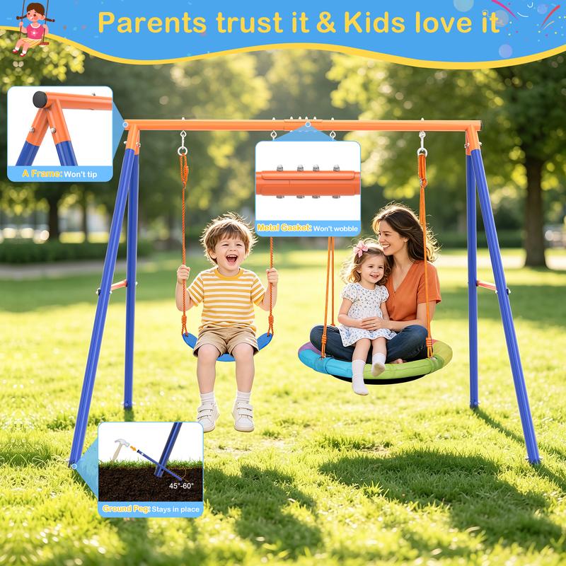Saucer Swing Set with Stand for Kids, AOWOS Metal A-Frame Backyard Playset with Single, Double or Triple Swing Options for Outdoor Family Fun