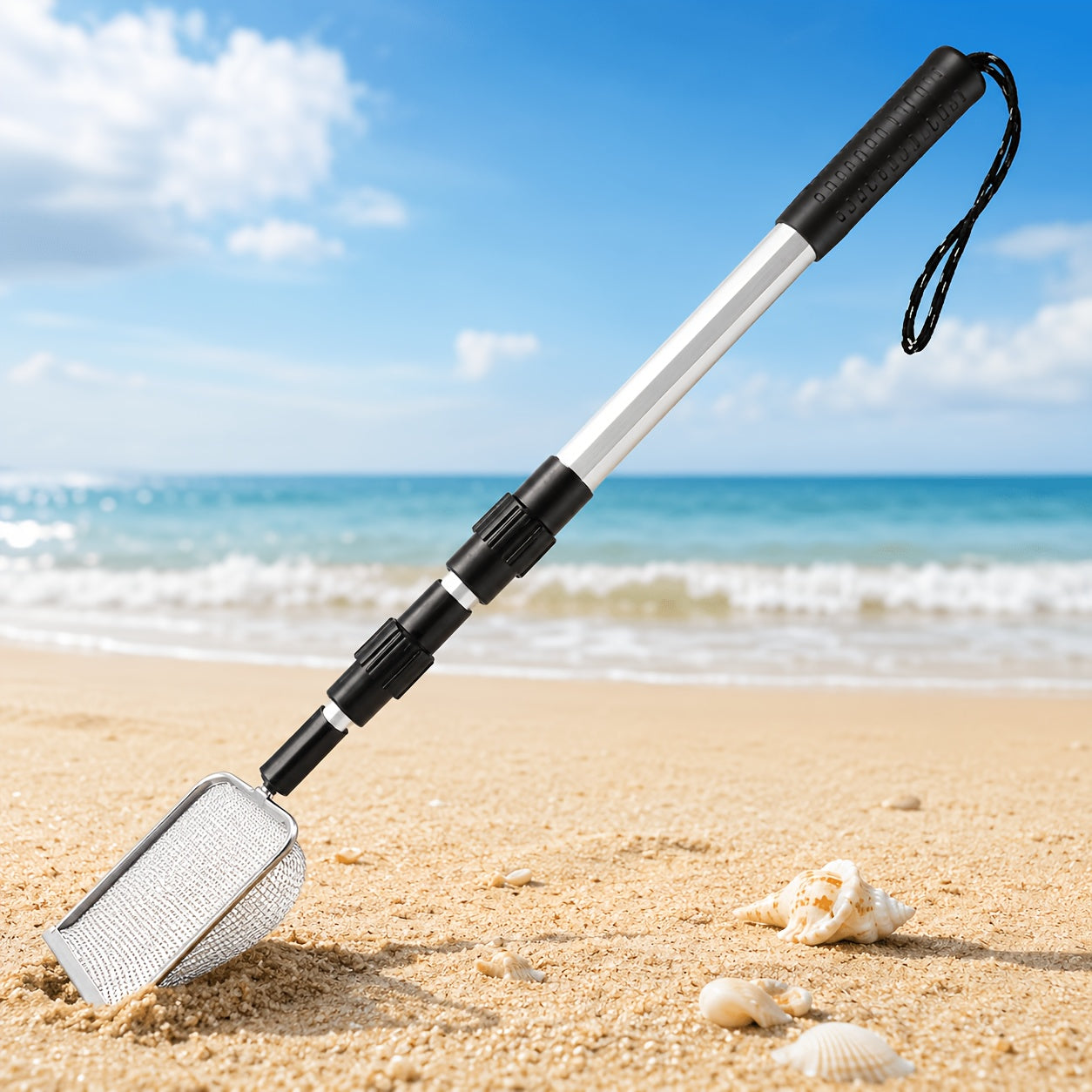 Stainless Steel Retractable Beach Sand Sifter – Portable Sand Sieve for Treasure Hunting, Shell & Conch Collecting, Beach Toy for Kids and Adults, Also Works as Cat Litter Scoop