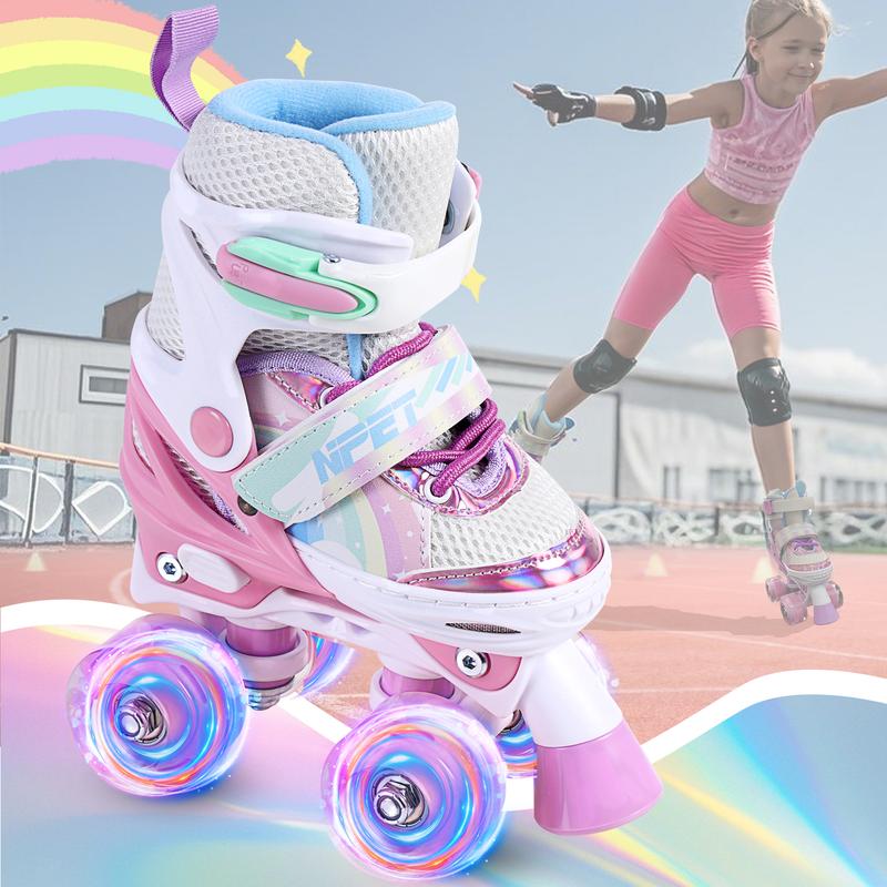Adjustable Quad Roller Skates for Beginners by NPET, Light-Up Wheels and Hook-and-Loop Fit in Three Size Ranges for Indoor and Outdoor Practice