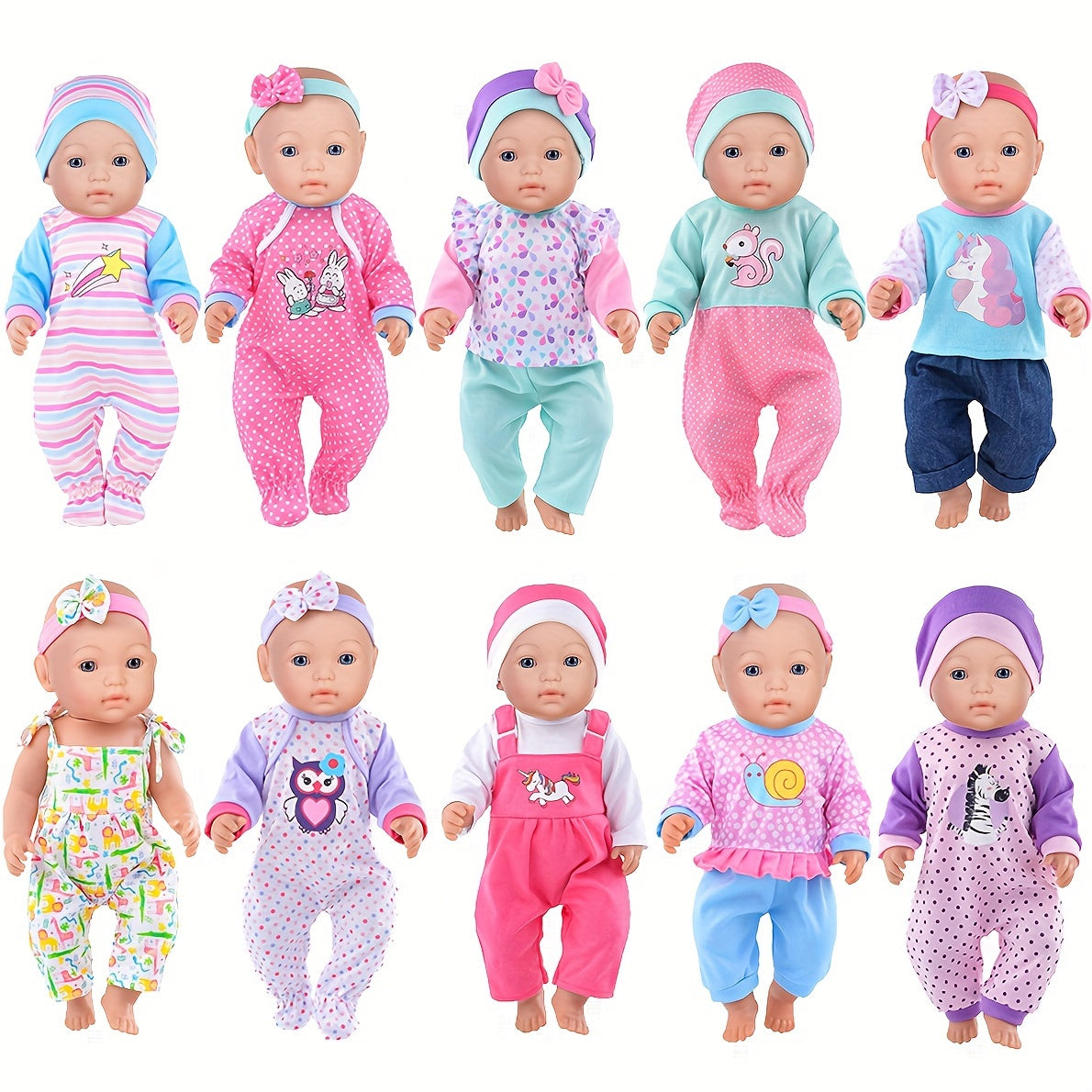 10 Sets Baby Doll Clothes for 14-16 Inch & 43cm Newborn Reborn Dolls – Soft Safe Rompers & Outfits, Easy On/Off, Complete Doll Wardrobe Gift for Kids Ages 3-12, No Doll Included