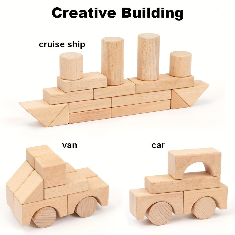 Wooden Building Blocks for Kids 100 Piece Solid Beech Wood Set – Unpainted Natural Stacking Blocks Ages 3-12, STEM Logical Thinking Educational Toy, Montessori Castle Puzzle Gift Boys Girls