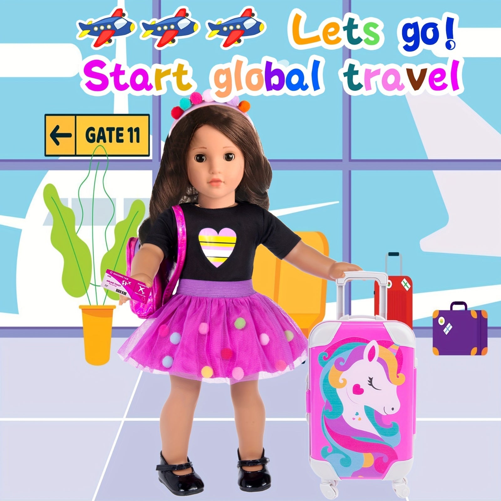 18 Inch Doll Travel Playset 25 Pcs – Unicorn Suitcase Roller Skates Backpack Dress Hairpins Passport Play Money & More Accessories for 18 Inch Dolls Gift for Girls Ages 3+