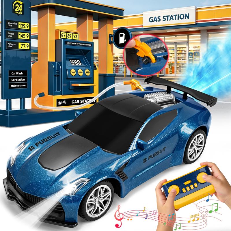 Spray RC Racing Car 1:18 Scale with Dual Sounds, LED Lights and 2.4GHz Remote Control, NIRVIXEN Automatic Parking Car Playset Gift for Boys and Girls