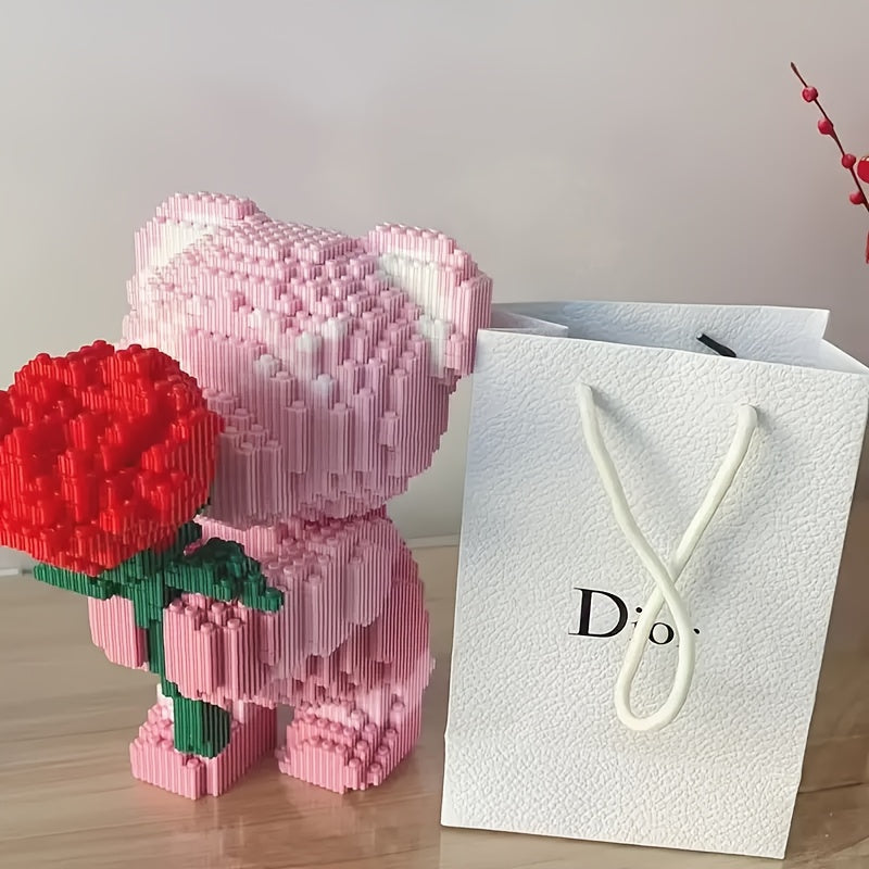 Rose Bear Building Blocks 4051pcs Romantic Bear Holding Rose DIY Model Kit - Advanced Assembly Gift for Couples Parents - Valentine Birthday Anniversary Christmas Gift
