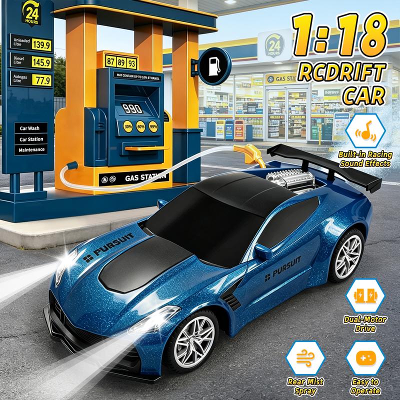 Spray RC Racing Car 1:18 Scale with Dual Sounds, LED Lights and 2.4GHz Remote Control, NIRVIXEN Automatic Parking Car Playset Gift for Boys and Girls
