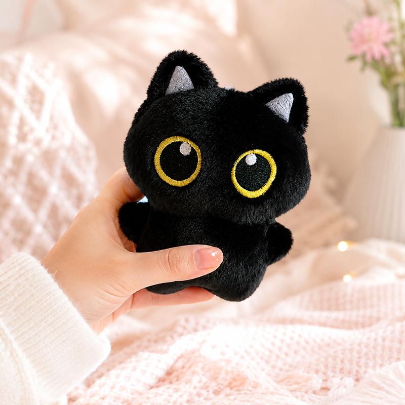 Big Eye Black Cat Plush Toy, Pocket-Sized Kitty Stuffed Animal for Desk and Bedroom Decor, Cute Cat Lover Birthday and Holiday Gift