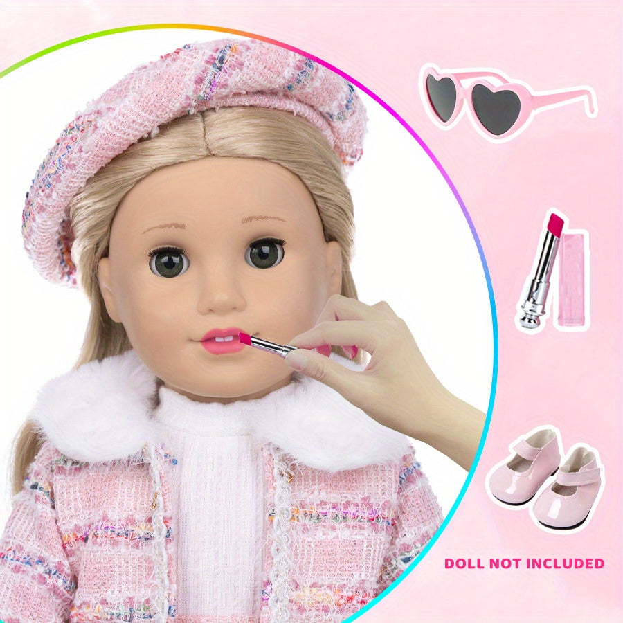 18 Inch Doll Knitted Clothes Outfit Set – Hat, Jacket, Skirt, Lipstick, Shoes, Socks & Sunglasses for 16-18 Inch Baby & Reborn Dolls, Pink & Purple, Complete 7-Piece Fashion Gift for Girls Ages 3+