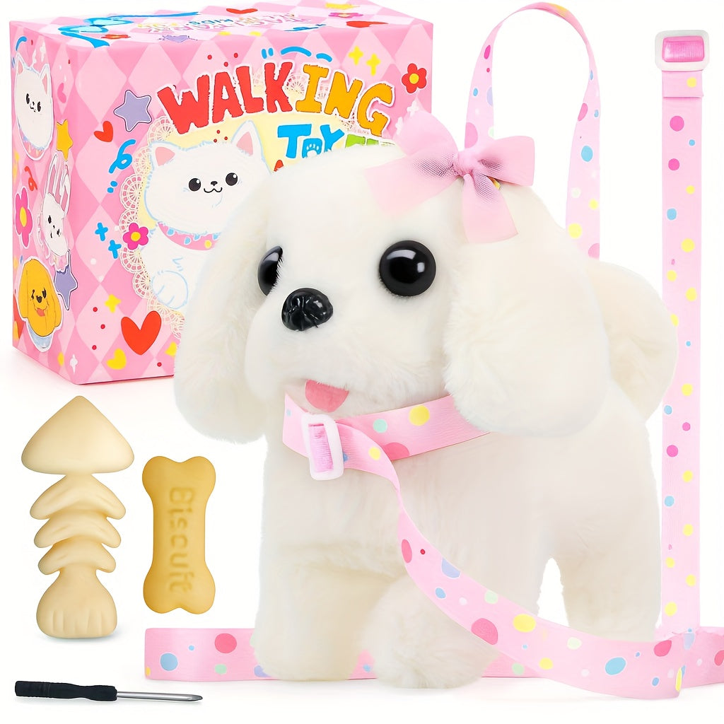 Plush Interactive Puppy Toy – Electronic Walking Barking Dog with Tail Wagging, Leash & Bow, Realistic Pet Toy for Kids, Easter Christmas Birthday Gift for Boys Girls