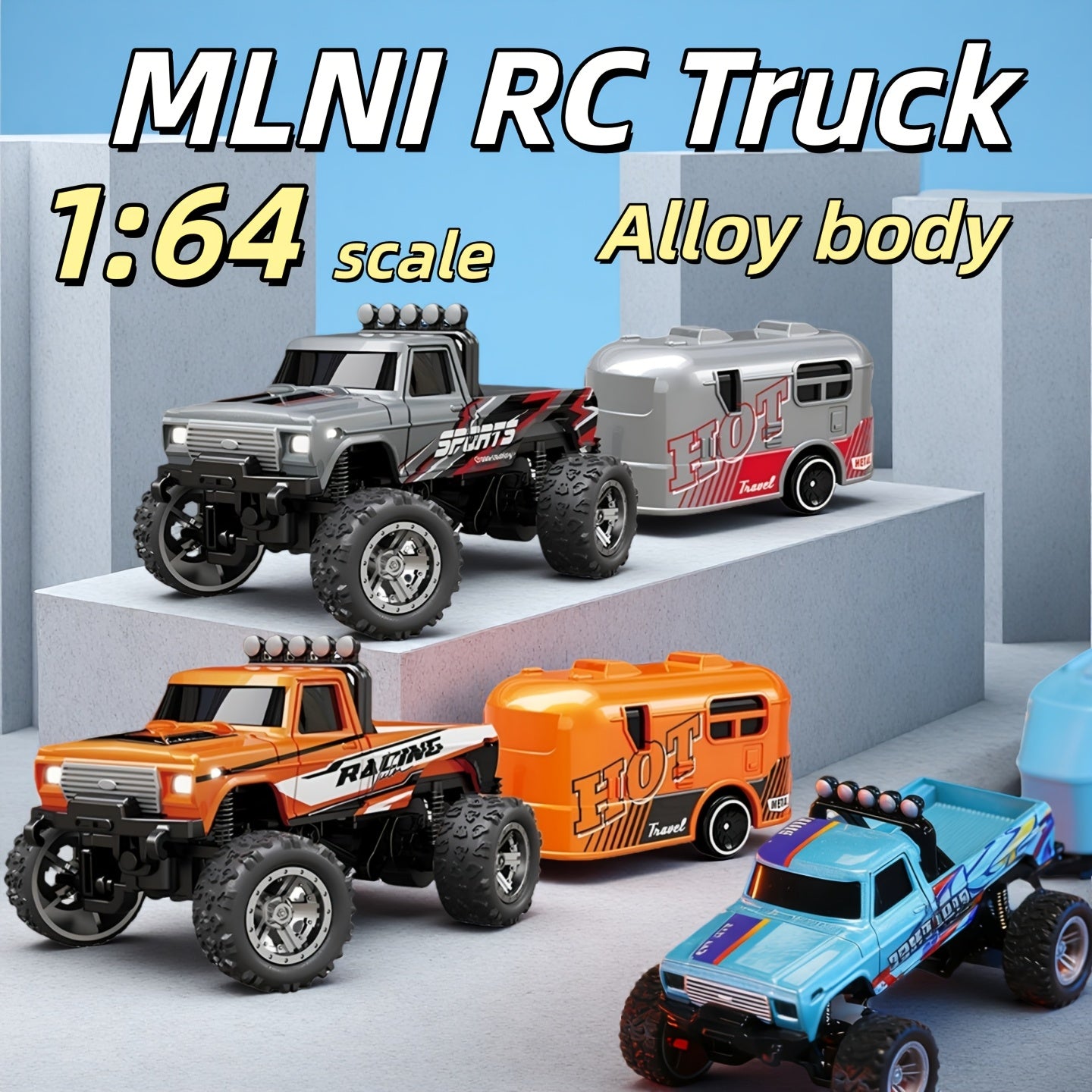 Mini RC Off-Road Truck 1/64 Scale Die-Cast with Trailer & Lights, 2.4GHz Rechargeable Climbing RC Car Adjustable Speed Pocket-Sized Palm Toy for Kids & Adults