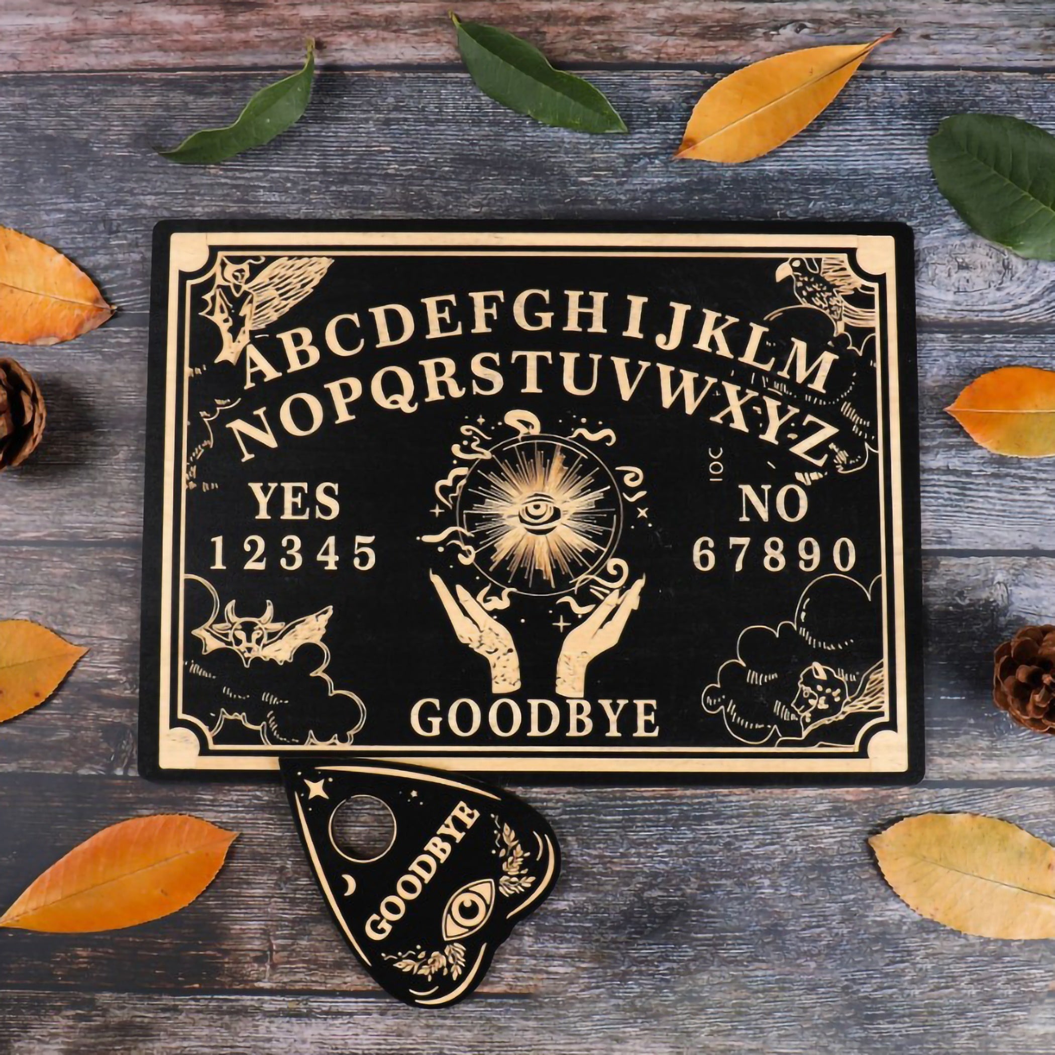 Ouija Board Wooden Psychic Set 2pcs – Handmade Carved Spiritual Guidance Divination Board Witchcraft Altar Decor Halloween Gift for Witches Moon Butterfly