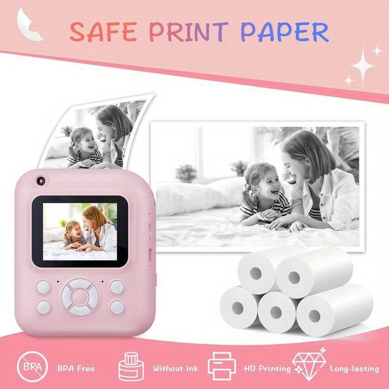 Kids Instant Print Digital Camera 1080P HD with 2.4'' Screen - Super Cute Camera Toy with 3 Rolls Print Paper & 32GB Card, Birthday Gift for Girls Boys Ages 3-12