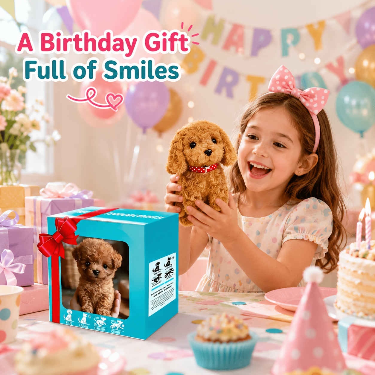 Teddy Brown Plush Puppy Gift Set – Walking Puppy Toy in Gift Box, Cute Soft Plush Dog for Kids, Christmas Birthday Present for Boys Girls Ages 3+