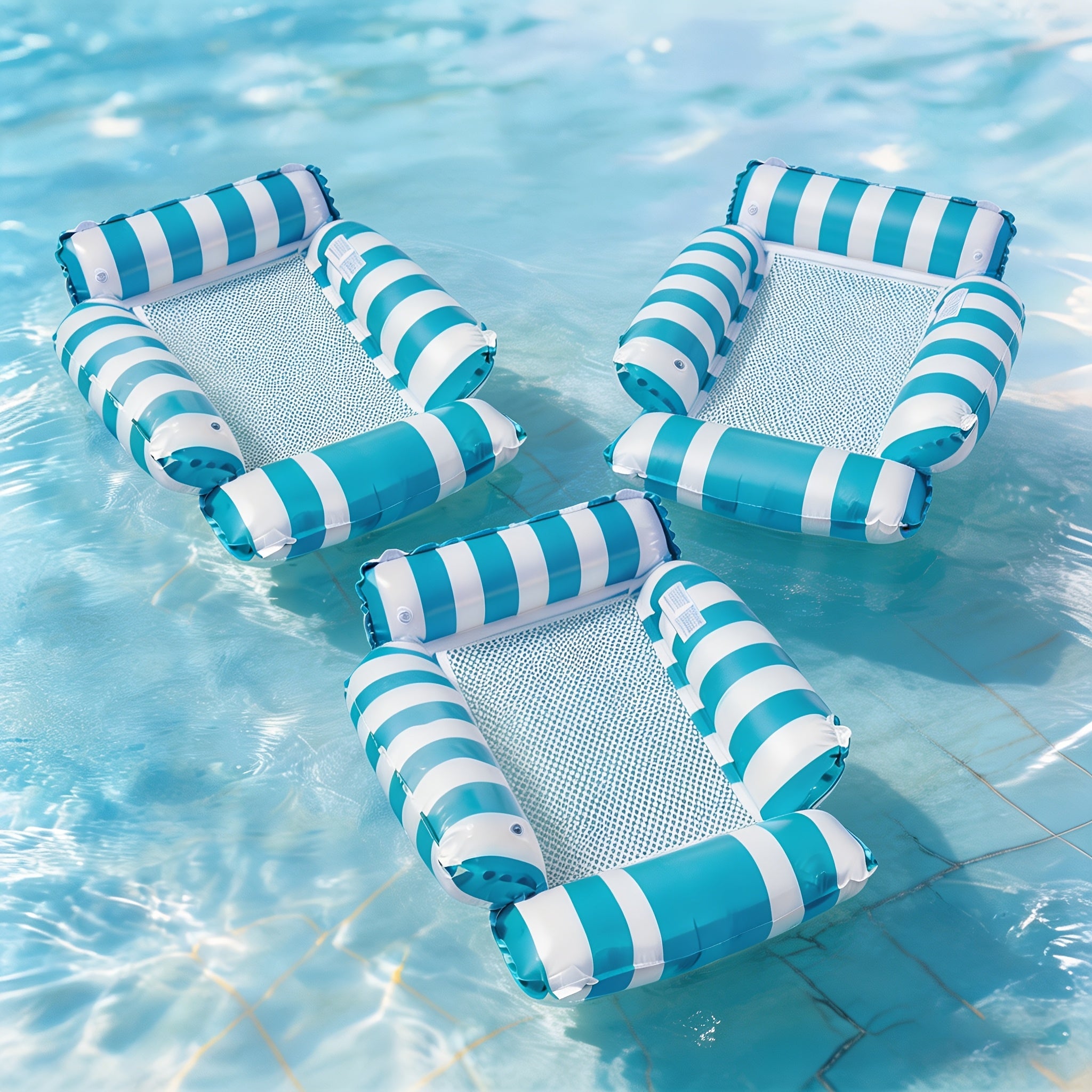Inflatable Pool Float Bed with Cooling Mesh for Adults – Striped Foldable Floating Lounger Chair 43in, Beach Vacation Essential, 2 or 3 Pack