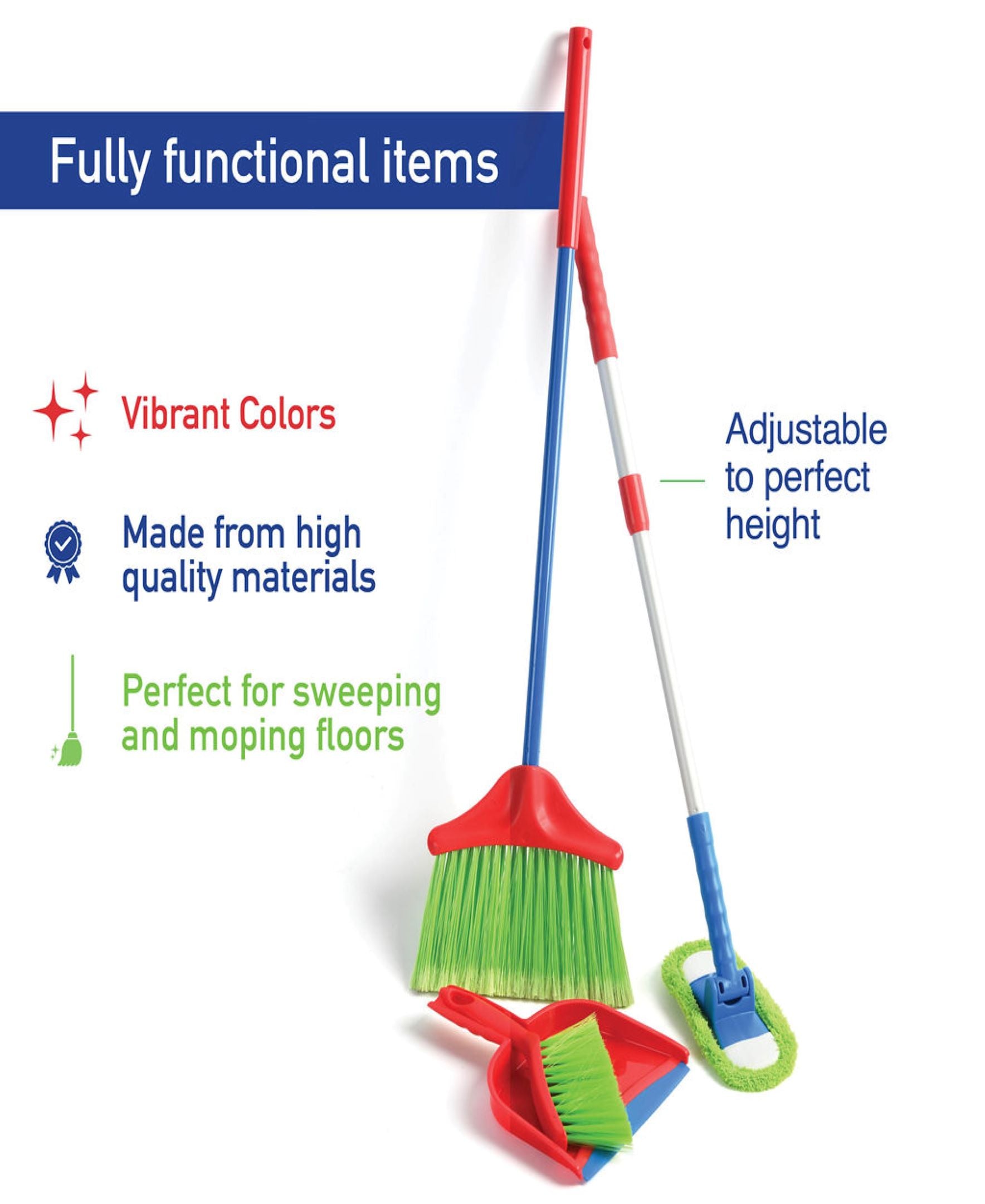 Kids Cleaning Set 4 Piece Toy Broom Mop Brush Dustpan Pretend Play Housekeeping Kit Toddler Girls Boys Birthday Christmas Gift Life Skills Toy