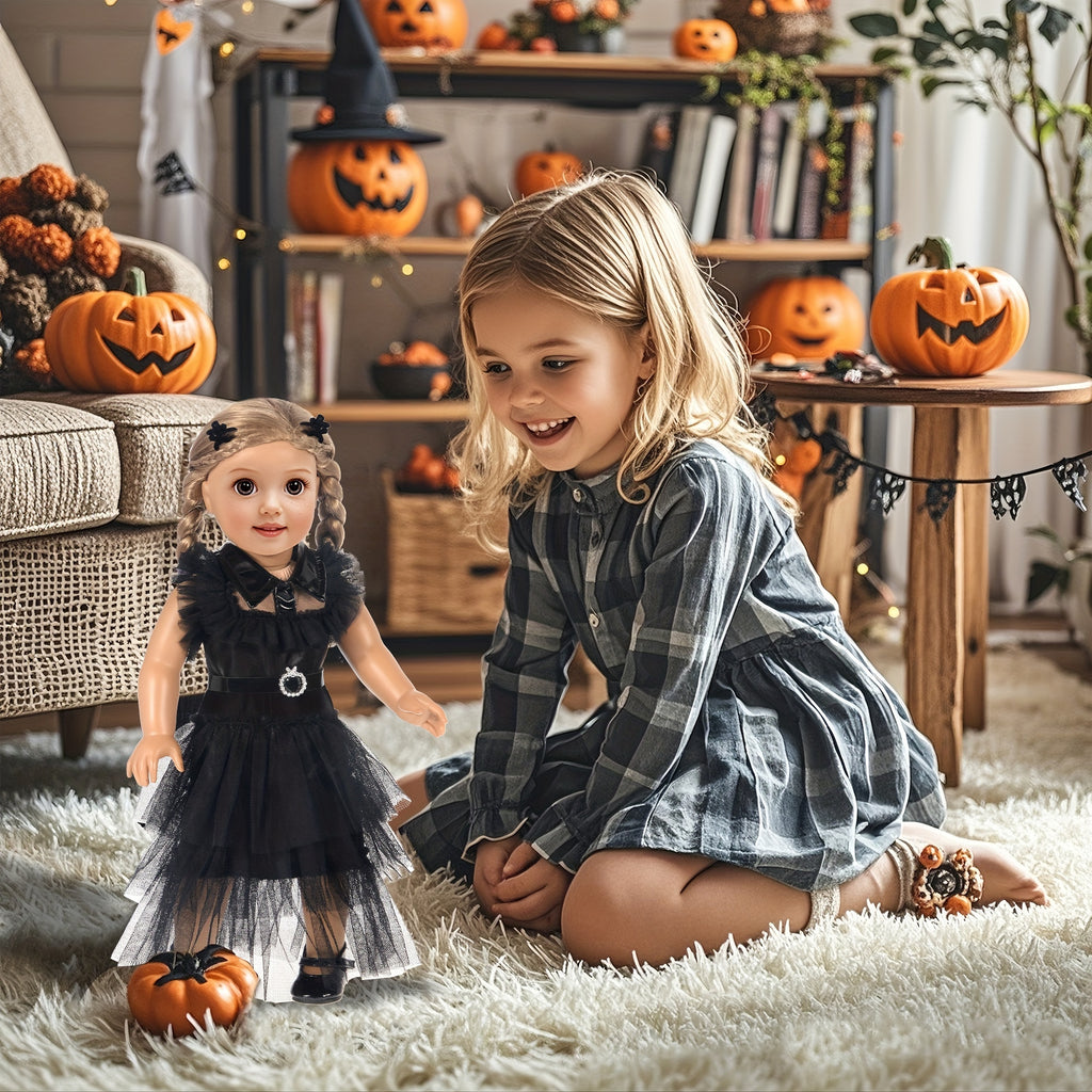 Doll Halloween Costume 18 Inch – Black Tulle Cake Dress with Bow Hair Clip Movie-Inspired Party Outfit for 16-18 Inch Girl Dolls No Doll Gift for Kids