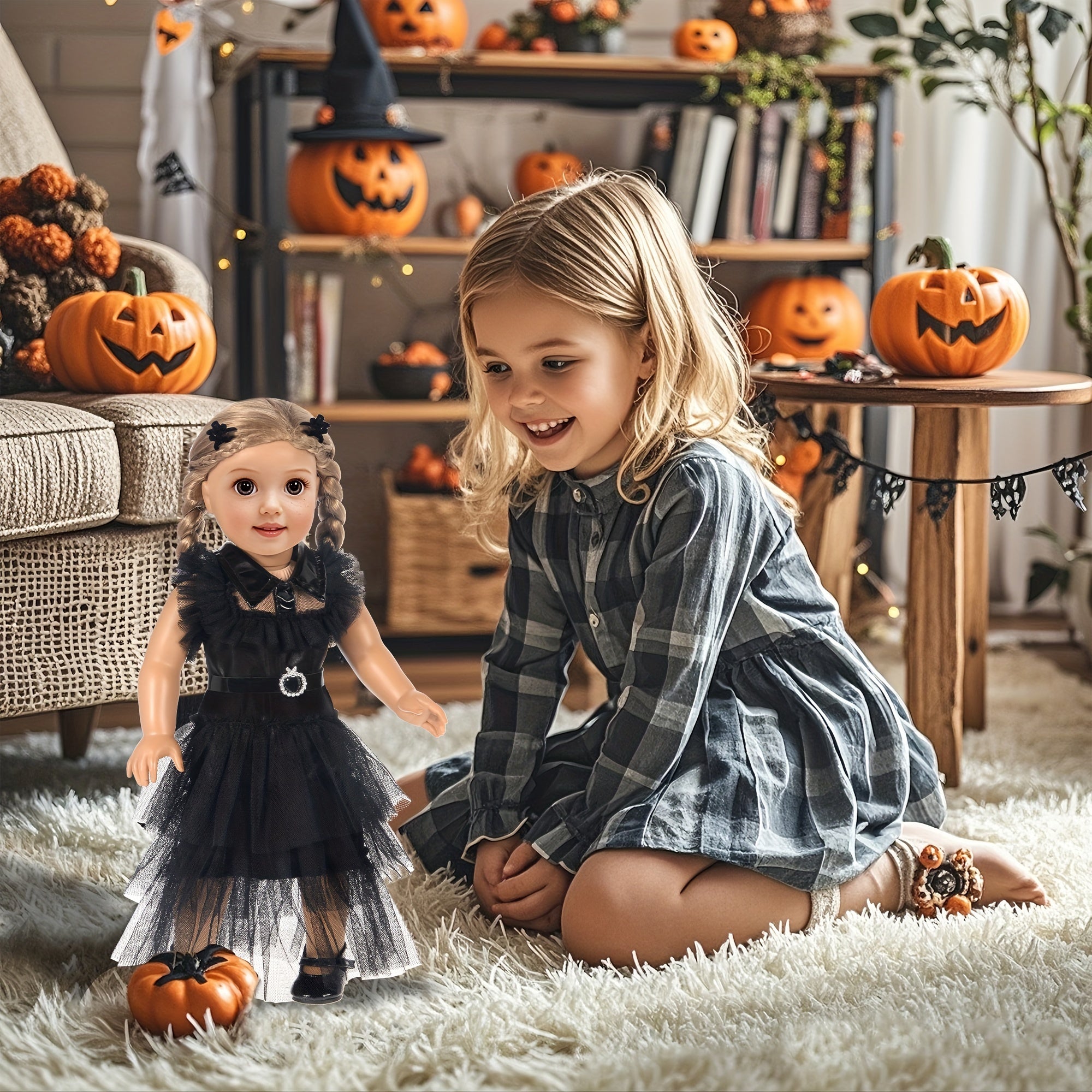Doll Halloween Costume 18 Inch – Black Tulle Cake Dress with Bow Hair Clip Movie-Inspired Party Outfit for 16-18 Inch Girl Dolls No Doll Gift for Kids
