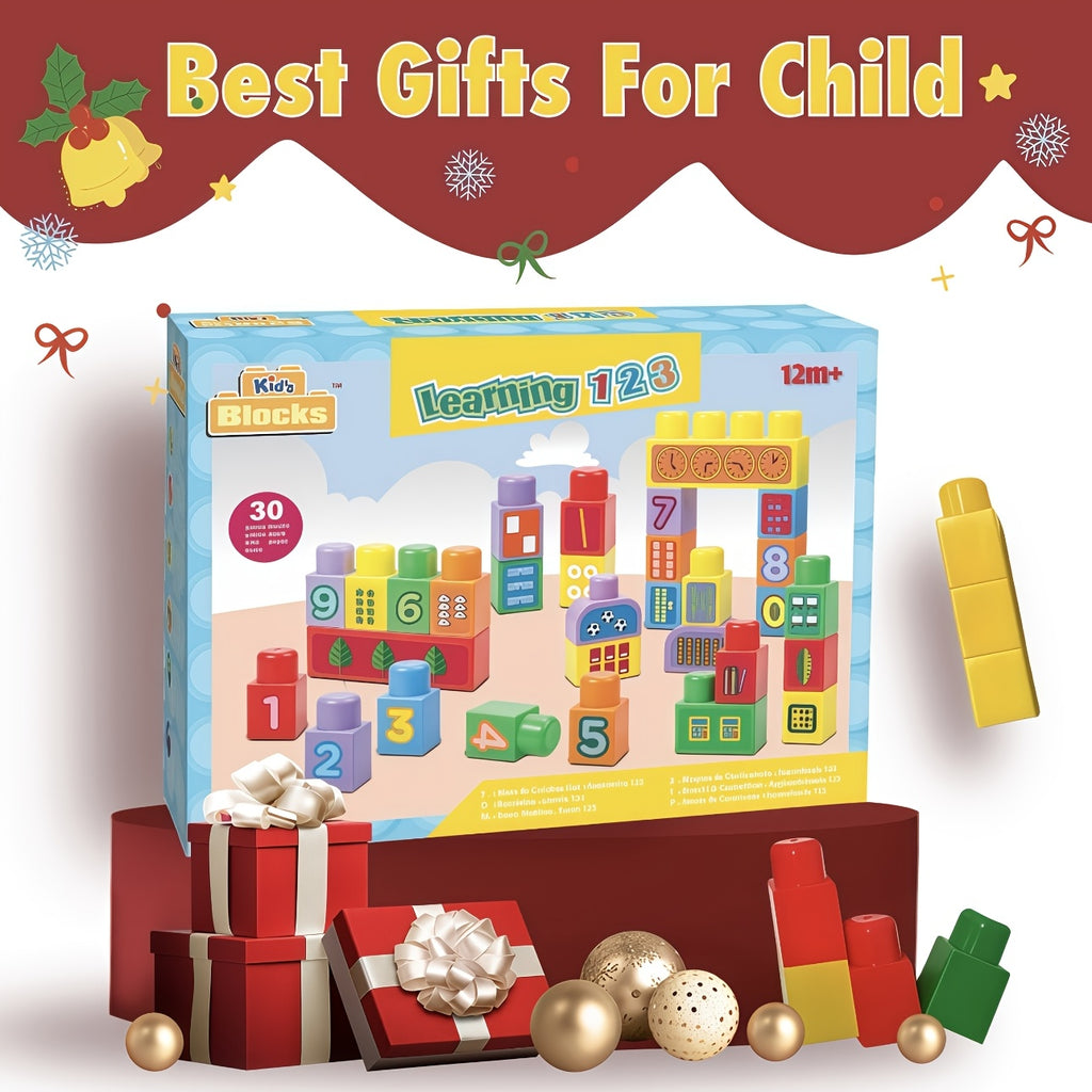 Educational Stacking Blocks for Toddlers 30 Pcs Number Learning Building Blocks with Decals Ages 12M Plus STEM Toy for Boys Girls - Baby Shower Gift