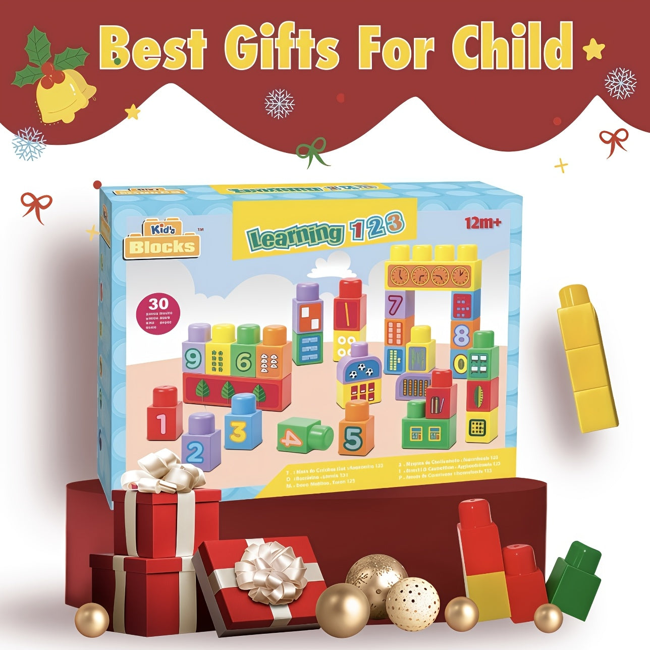 Educational Stacking Blocks for Toddlers 30 Pcs Number Learning Building Blocks with Decals Ages 12M Plus STEM Toy for Boys Girls - Baby Shower Gift