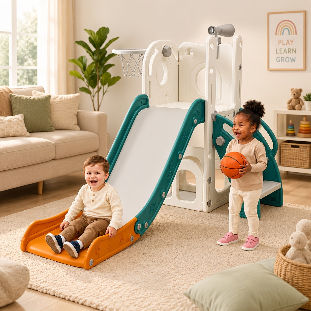 Toddler Slide and Climber Playset Indoor Outdoor for Boys Girls Ages 1.5-6 - L-Shaped Playground with Basketball Hoop Storage Telescope, Easy Assembly Kids Slide Set, Birthday Christmas Gift