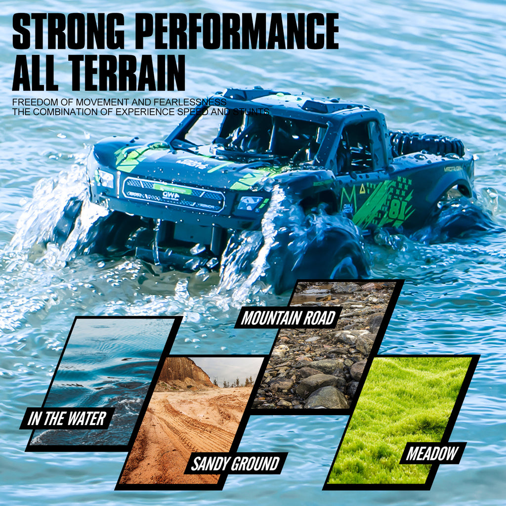 Amphibious RC Monster Truck 1:16 Scale 4WD Waterproof - 2 Rechargeable Batteries, All Terrain Off-Road RC Car for Kids Boys Ages 4-7, Birthday Gift
