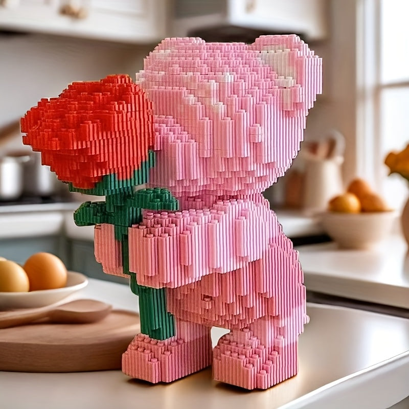 Rose Bear Building Blocks 4051pcs Romantic Bear Holding Rose DIY Model Kit - Advanced Assembly Gift for Couples Parents - Valentine Birthday Anniversary Christmas Gift