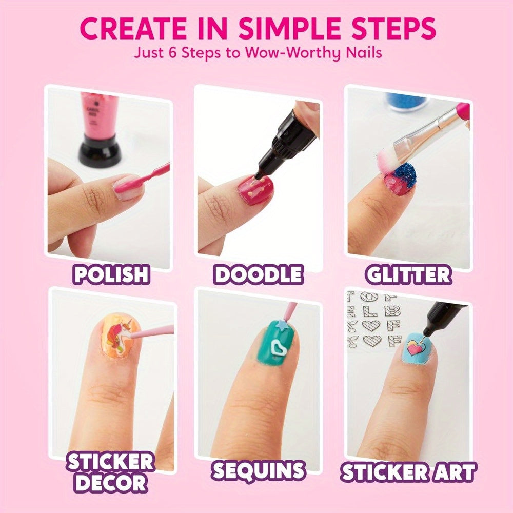 Kids Nail Polish Art Kit for Girls - Non-Toxic Nail Studio with 6 Color Polishes, Glitter, 220+ Stickers & Sequins - Creative Birthday Christmas Gift for Girls Ages 7+