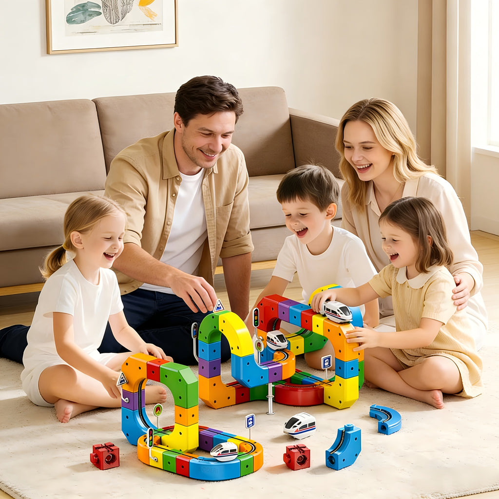 3D Gravity Magic Track Train Set DIY Deformable Racing Track STEM Building Toy with Blocks Traffic Lights for Kids Ages 3 4 5 Indoor Outdoor Birthday Gift