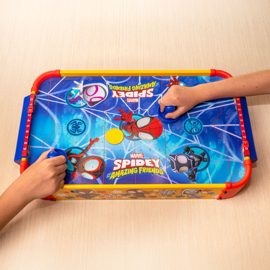 Tabletop Air Hockey Game for Kids Marvel Spidey and His Amazing Friends – Officially Licensed Wood Air Hockey Table, Manual Score Tracker, Family Game Night Gift Boys Girls Ages 3+