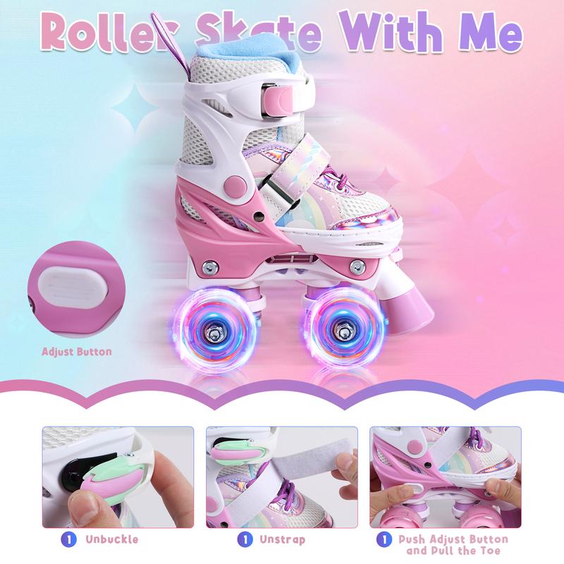 Adjustable Quad Roller Skates for Beginners by NPET, Light-Up Wheels and Hook-and-Loop Fit in Three Size Ranges for Indoor and Outdoor Practice
