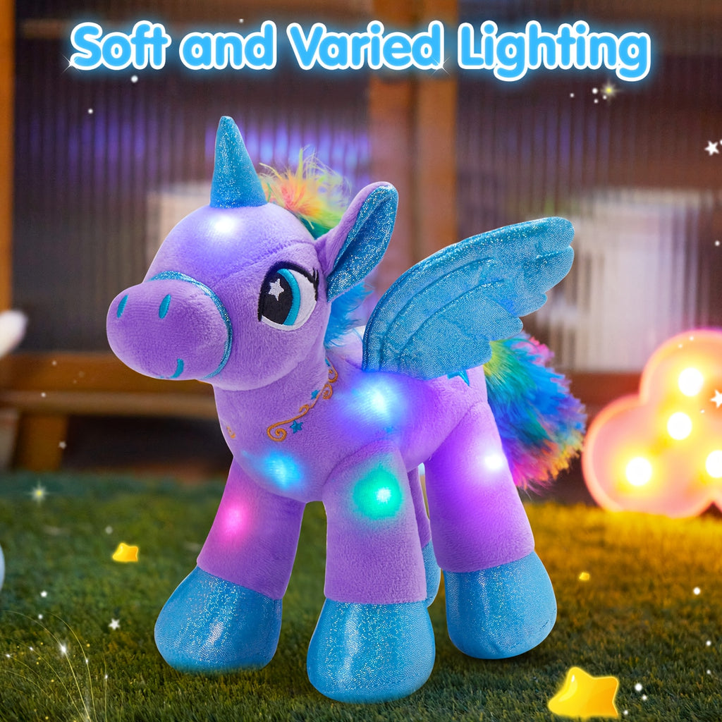 Glowing Unicorn Plush Toy 14 Inch – Purple Angel Unicorn Stuffed Animal with Flashing Night Light, Super Soft Hug Doll, Birthday Baby Shower Gift for Kids Girls, Princess Room Decor