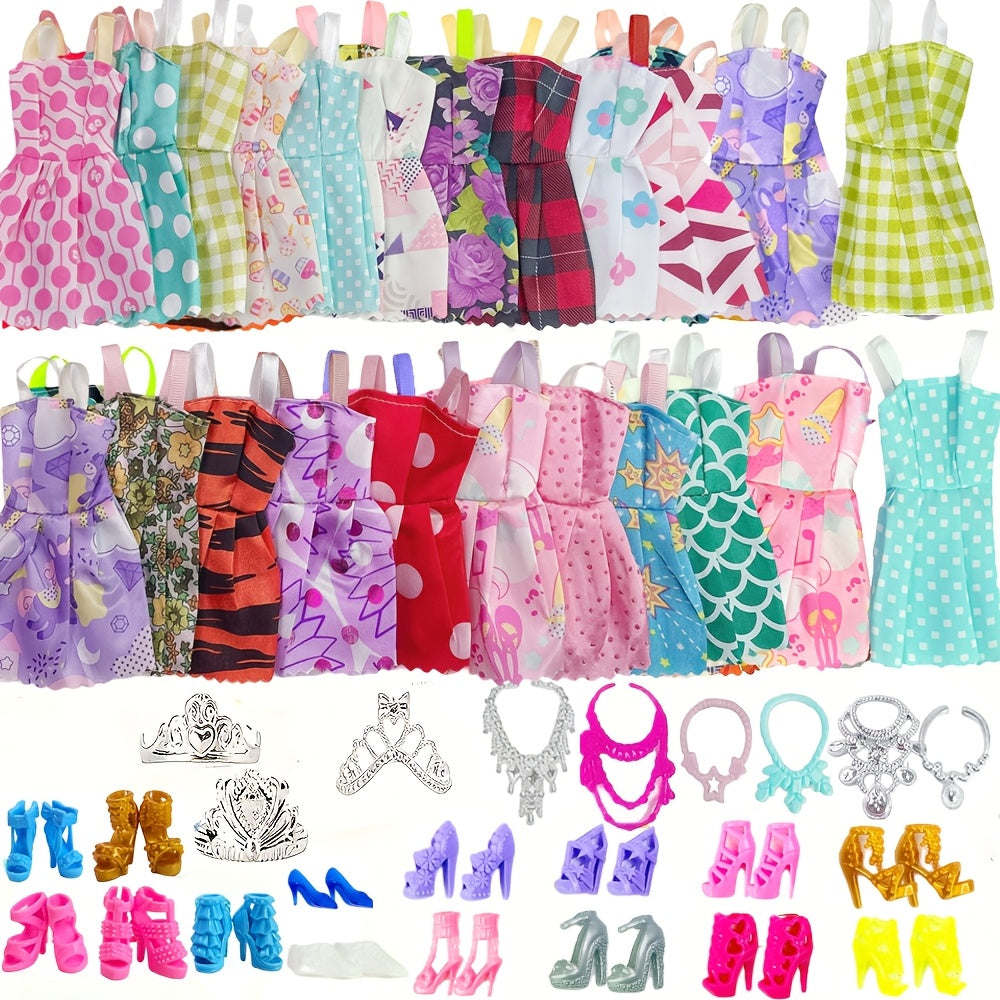 Doll Clothes & Accessories Set 42pcs for 11 Inch Dolls – 10 Dresses 10 Shoes 6 Necklaces 6 Crowns 5 Glasses & Hangers Fashion Wardrobe Gift for Girls Birthday Christmas