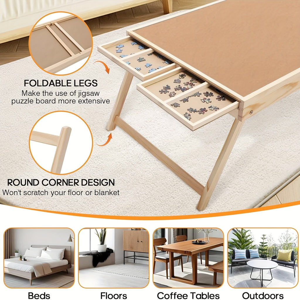 Wooden Puzzle Table Folding Legs 4 Drawers 16 Sorting Grids Portable 1000 Piece Jigsaw Puzzle Board Storage Organizer for Adults Kids School Supplies Gift
