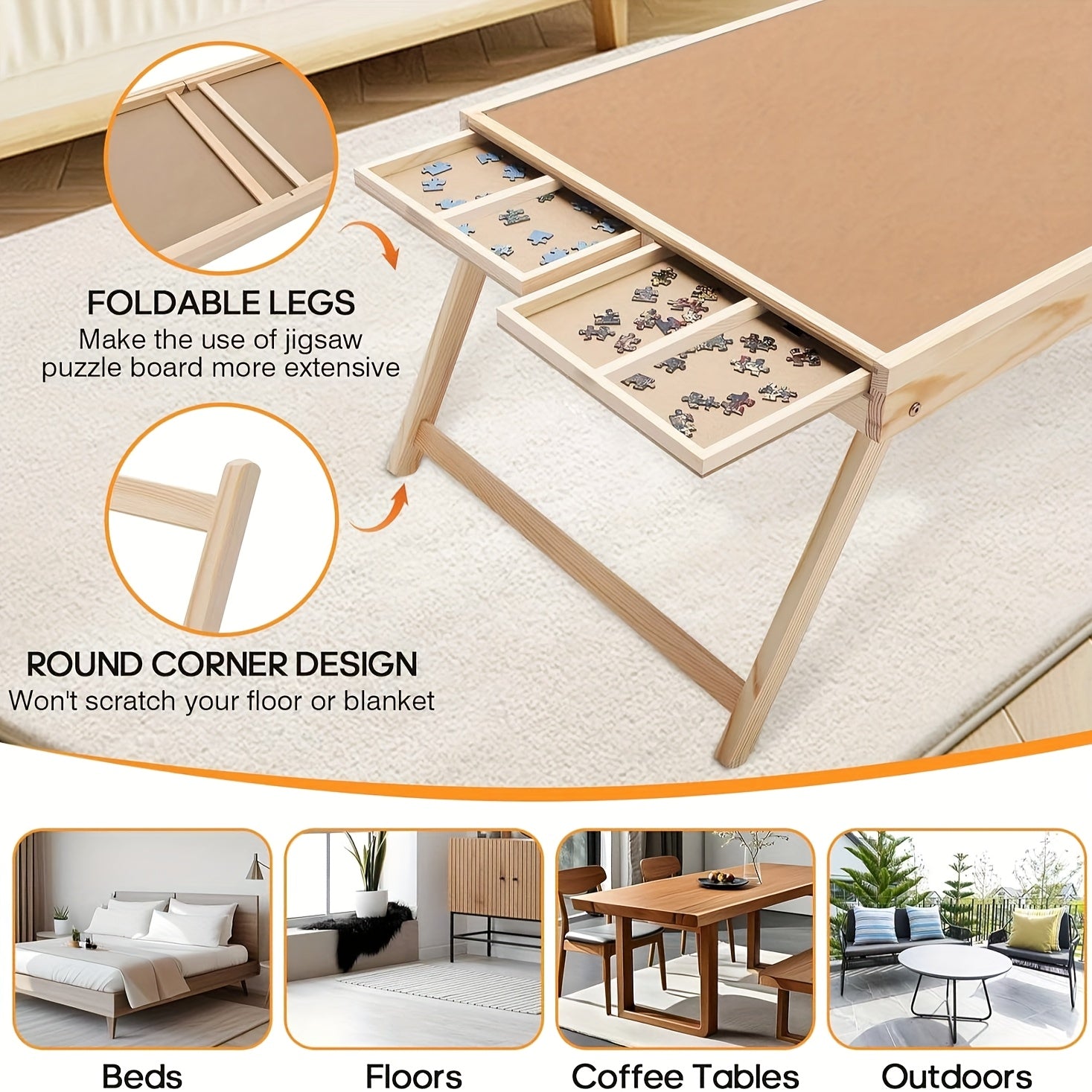 Wooden Puzzle Table Folding Legs 4 Drawers 16 Sorting Grids Portable 1000 Piece Jigsaw Puzzle Board Storage Organizer for Adults Kids School Supplies Gift