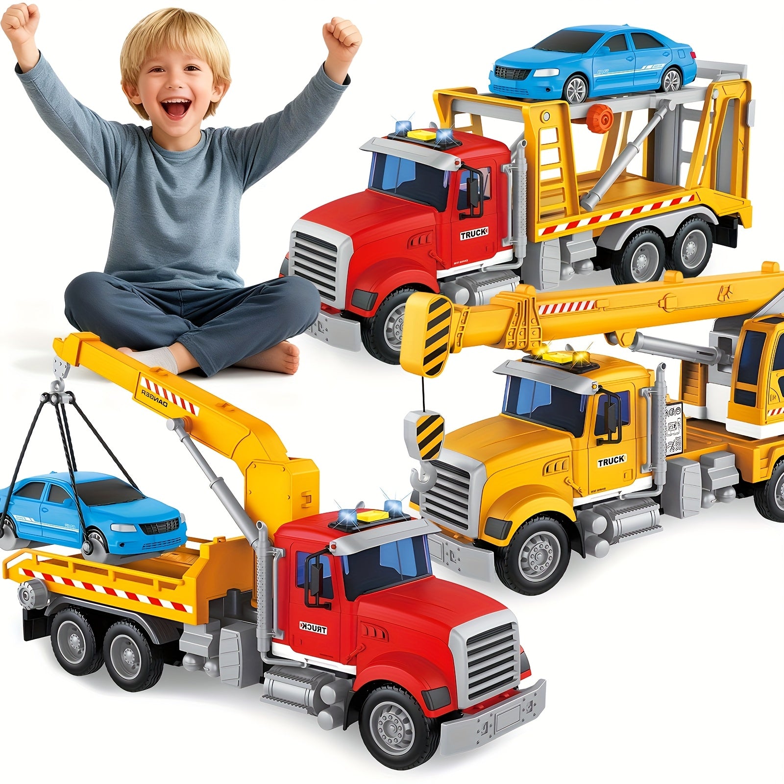 13-Inch Tow Truck Toy for Kids with Lights & Sounds – Friction Powered Transport Crane Truck with Movable Arm & Roadster, Birthday Gift for Boys Ages 3 4 5 6