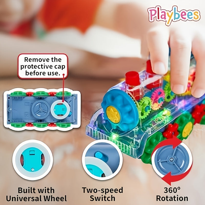 Electric Transparent Gear Train Toy for Toddlers with Flashing Lights & Music – 360 Spin Educational See-Through Gear Vehicle, Fun Learning Gift for Boys & Girls Ages 2+