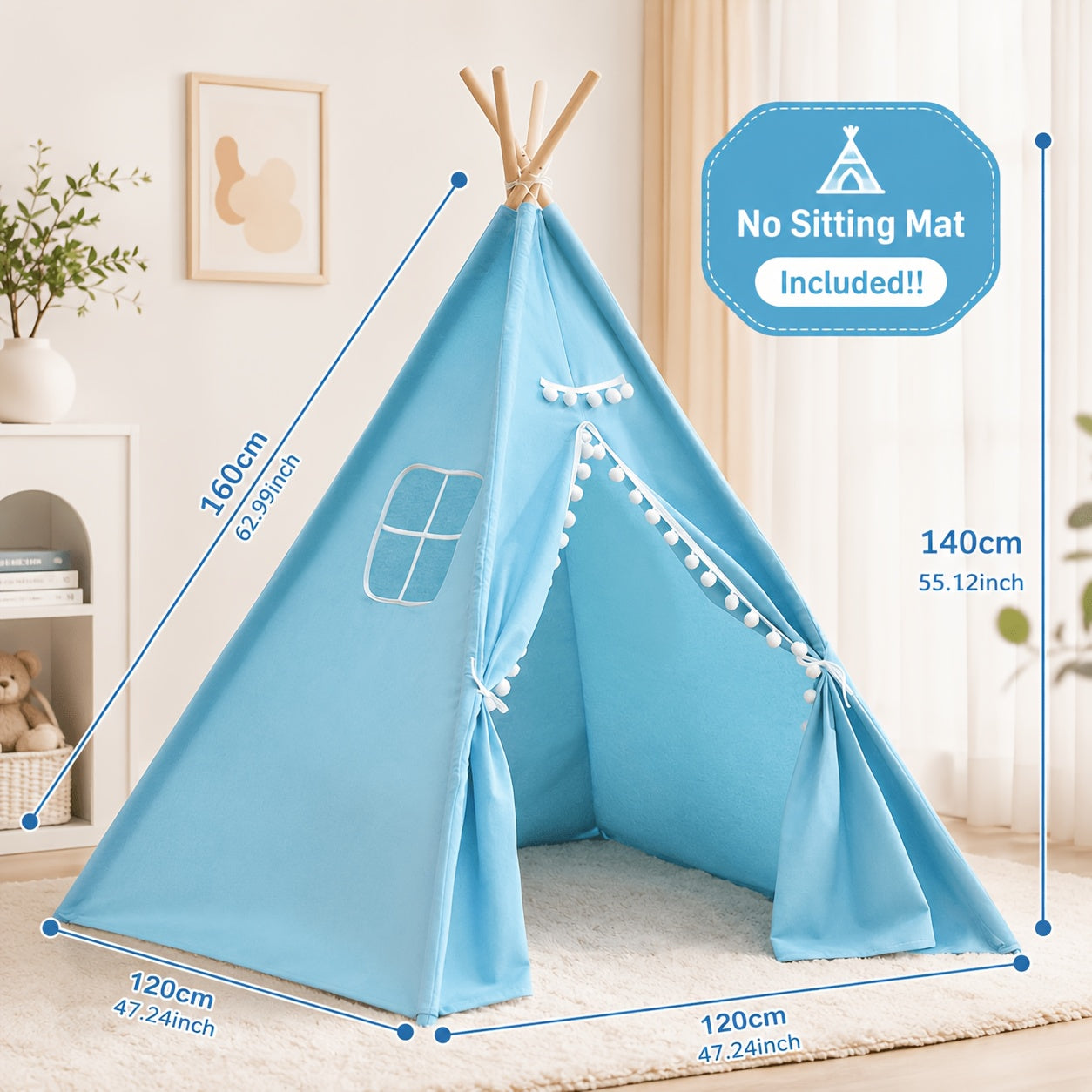 Kids Teepee Tent for Girls Boys, Indoor Outdoor Play Tent with Washable Fabric, Nordic Princess Conical Playhouse for Bedroom Backyard, Birthday Christmas Gift Ages 3+ (No Padding)