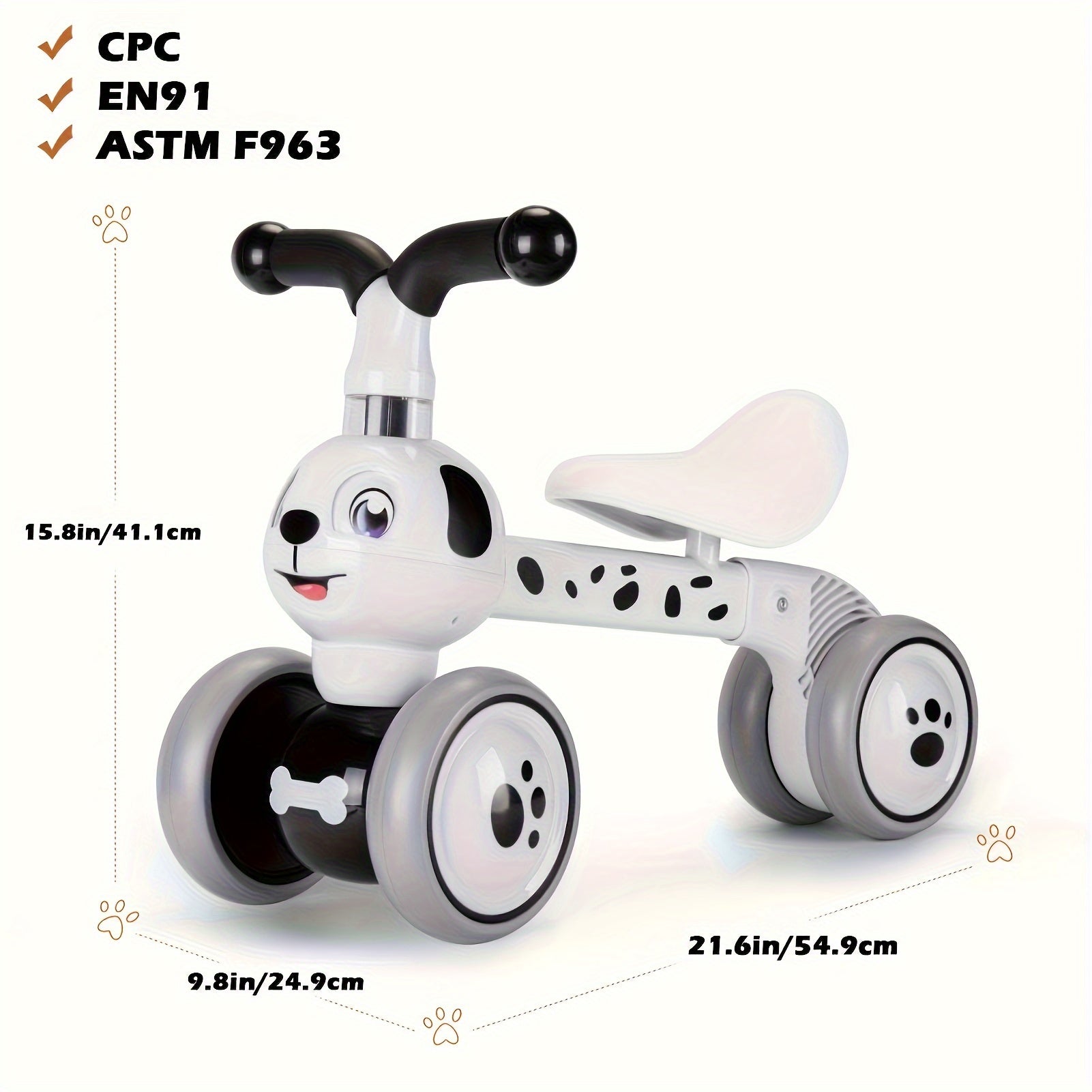 Toddler Balance Bike 10-36 Months – 4 Wheel No Pedal Baby Ride On Toy, Dalmatian Dog Style, Adjustable Seat & EVA Wheels – Best First Birthday Gift for Baby Boys & Girls